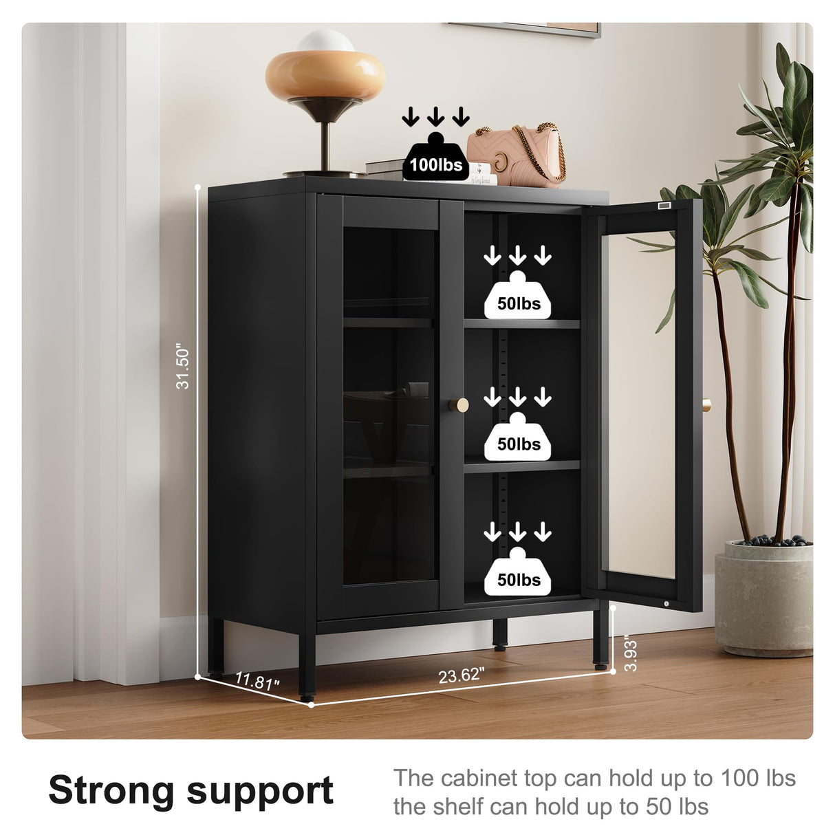 Bevivog Bathroom Floor Cabinet with Glass Doors Small Metal Storage Cabinet FreeStanding Metal Accent Cabinets with Two Door Storage Shelves, Locker Display Cabinet for Home Office Living Room Bevivog