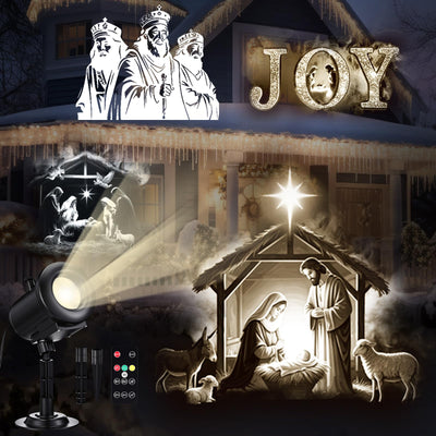 Aurelema Christmas Nativity Scene Projector Lights, 2025 Upgrade 3D Dynamic Joy Jesus Christian Outdoor Indoor Xmas Decorations Lights, 4-Color, 12 HD Effects with Remote for Wall Window
