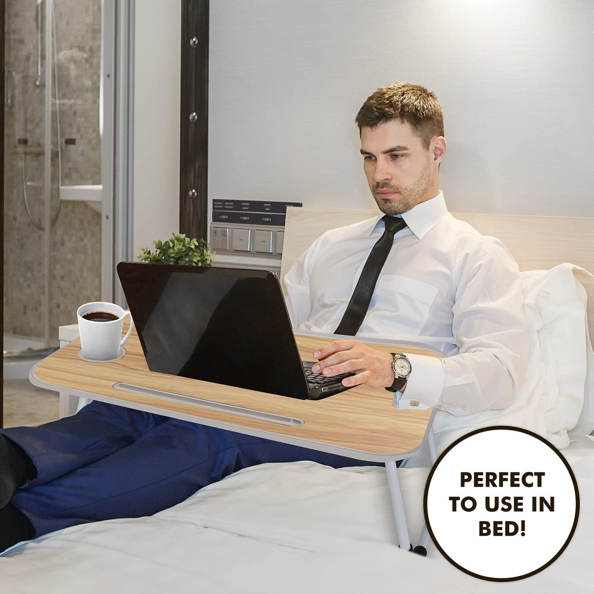 MAVOCRAFT Folding Lap Desk for Bed and Sofa - Portable Wide Surface Bed Desk with Built-in Cup Holder and Tablet or Phone Slot for Working, Studying, Eating, and Watching Movies (Wood) Mavo Craft