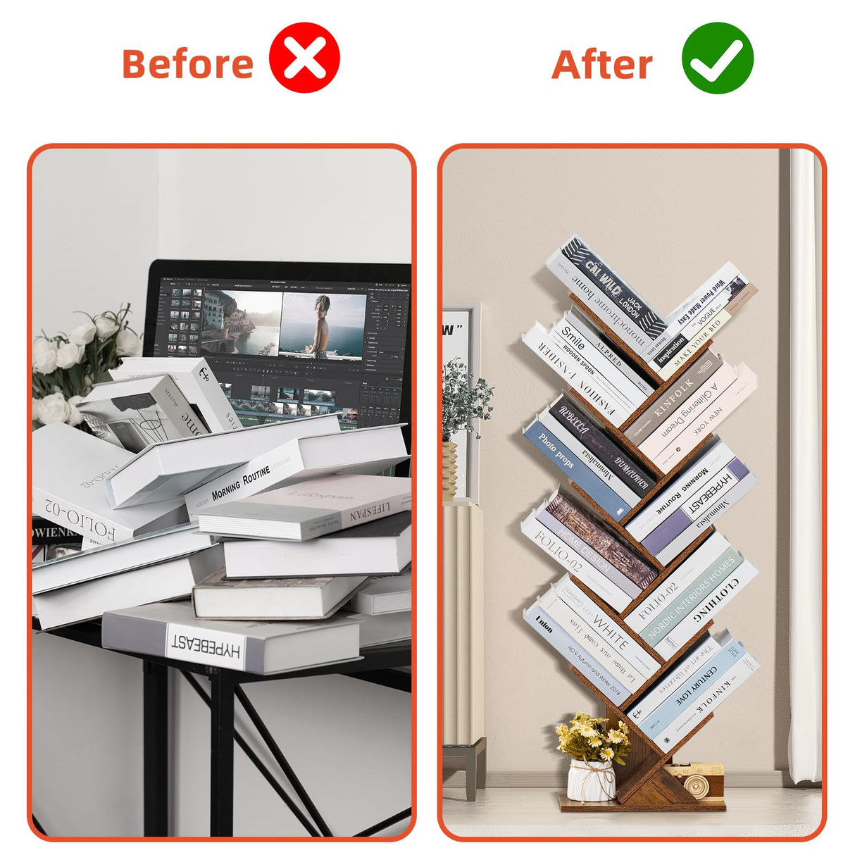 SHEEPAM 10 Tier Tree Book Shelf, Floor Standing Wood Bookshelf for Narrow Space, Storage Organizer Bookshelves for Books/CDs/Magazine, Bookcase with Shelves for Home Office, Living Room - Brown SHEEPAM