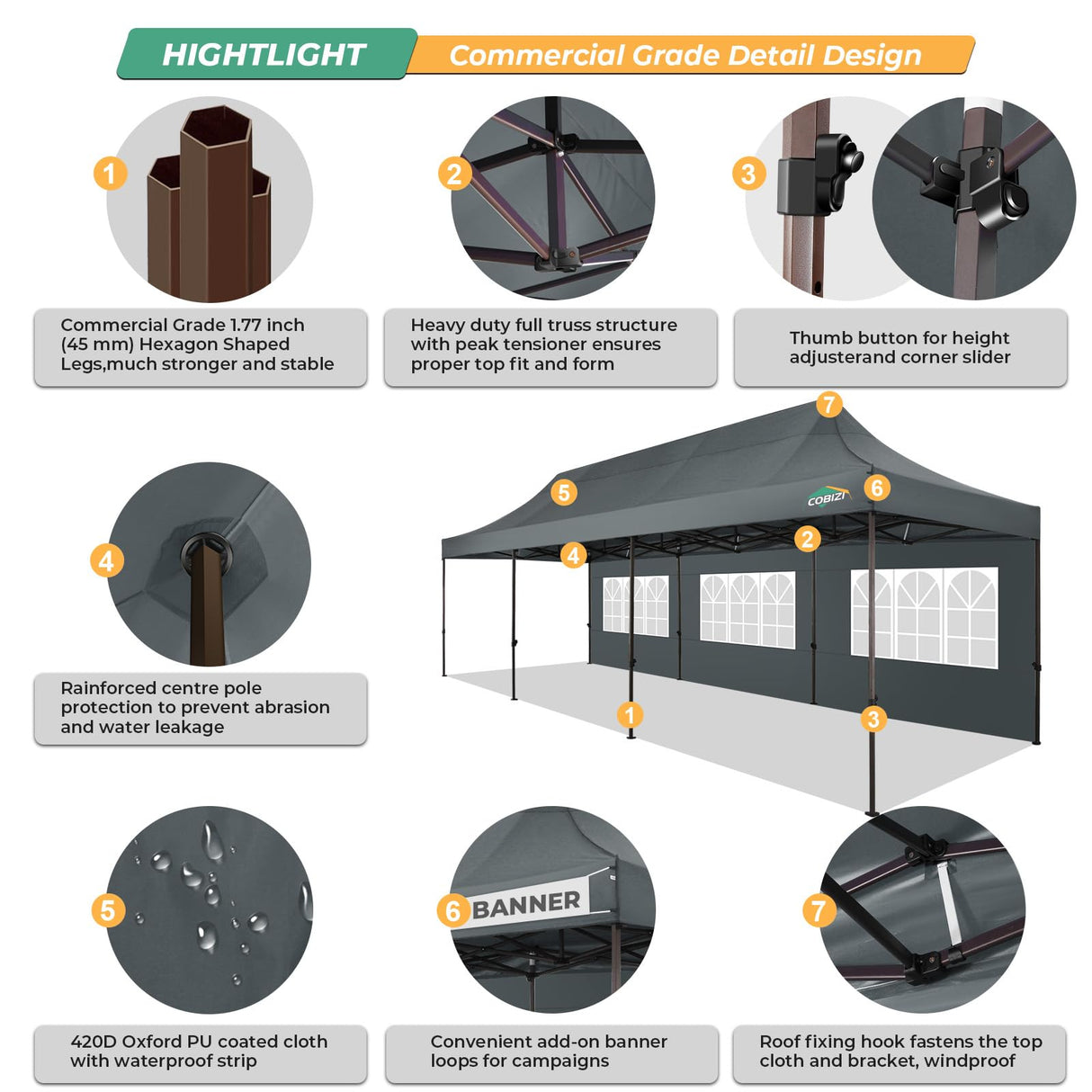 COBIZI Heavy Duty 10x30 Party Tent, Commercial 10x30 pop up Canopy for Parties Waterproof Gazebos with 8 Sidewalls, All Season Wind & Waterproof UPF50+,Stable Thickened Frame COBIZI