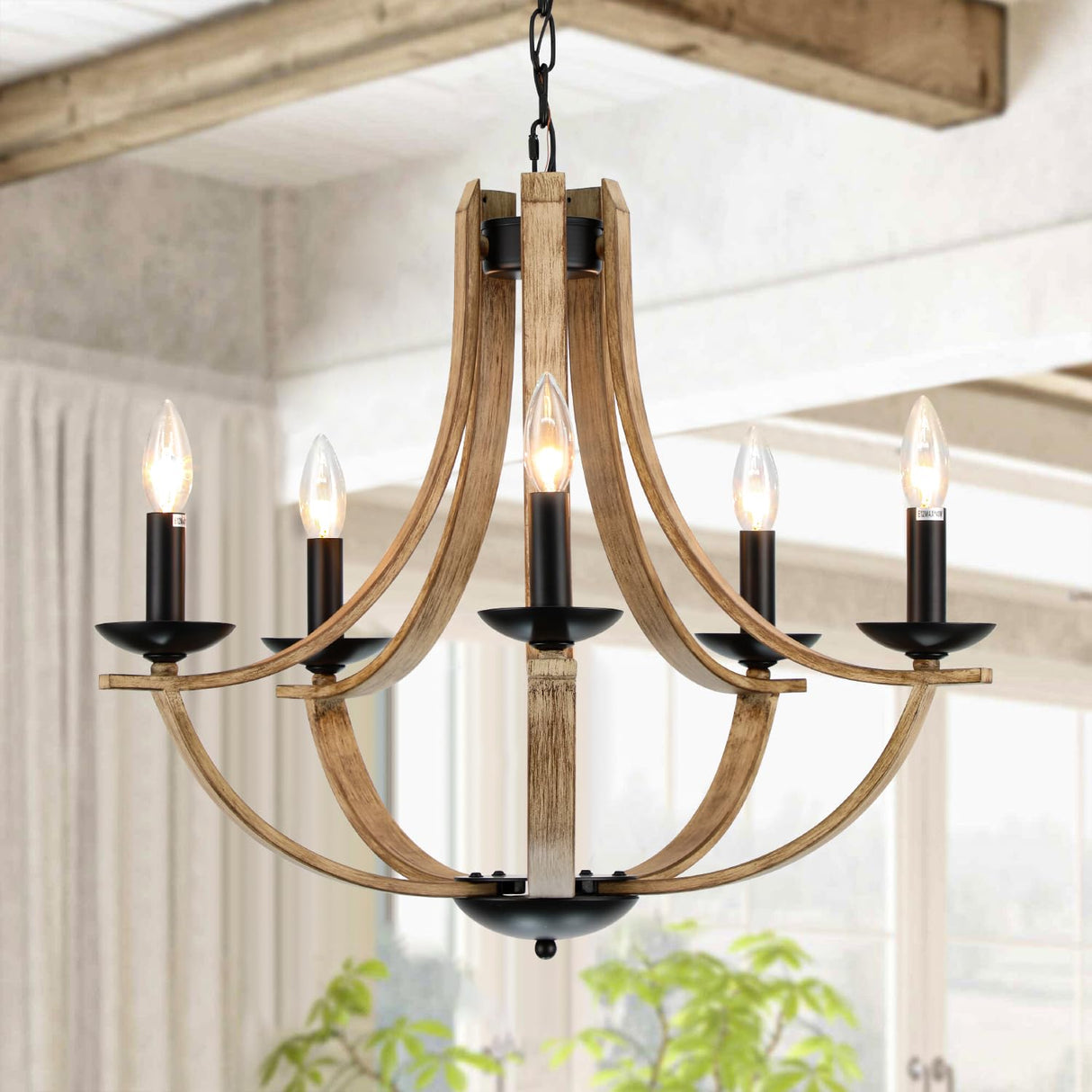 LAMPKEDUO Farmhouse Chandeliers for Dining Room Light Fixture, 5-Light 24 inch Faux Wood Texture Hanging Lighting Fixtures, Rustic Candle Chandeliers for Living Room Kitchen Island Foyer Entryway LAMPKEDUO