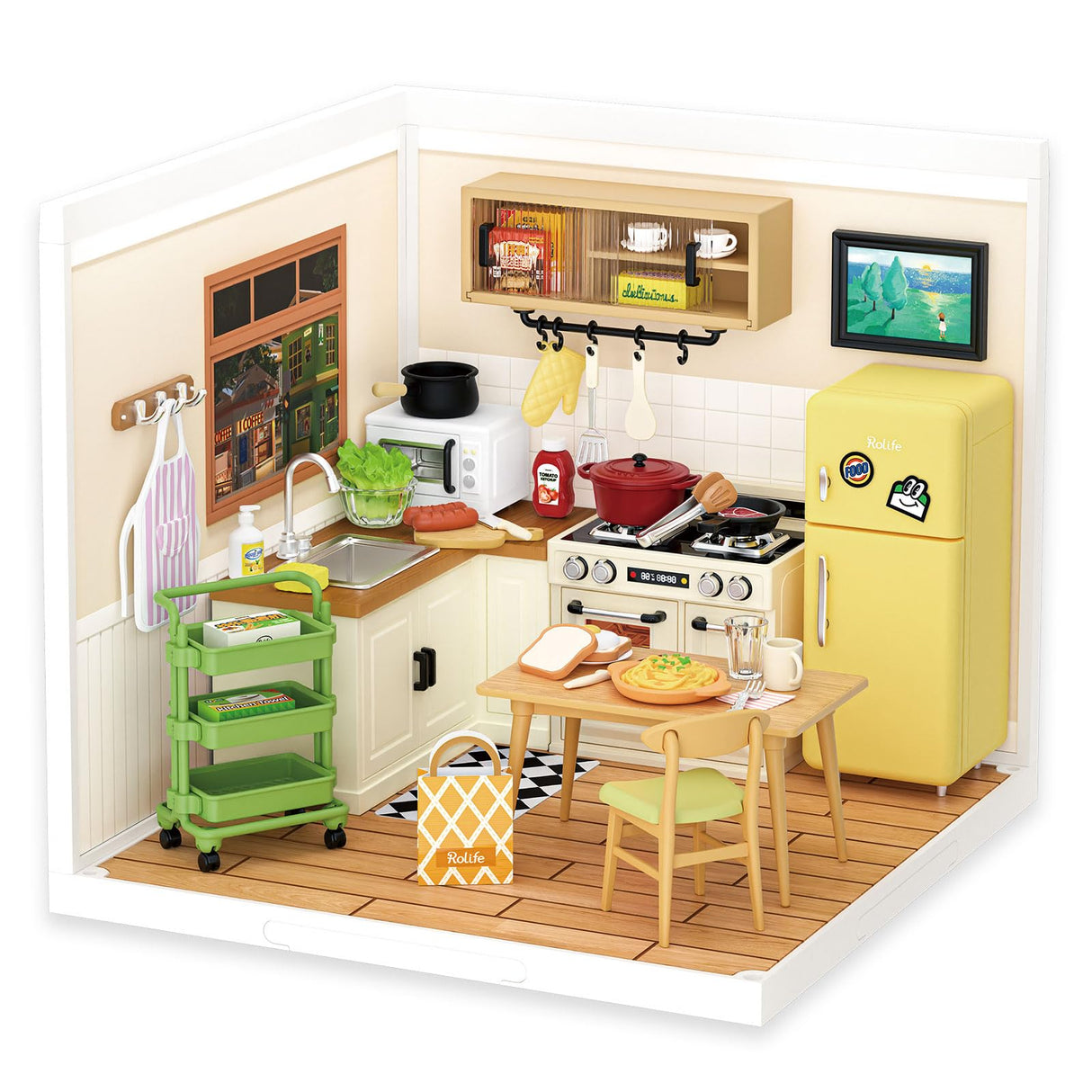 Rolife DIY Miniature Plastic House Building Set Toys Playset with LED Suitable for Mini Figures Construction Toys Diorama Kit Gifts for Teens Adults (Happy Meals Kitchen) Rolife