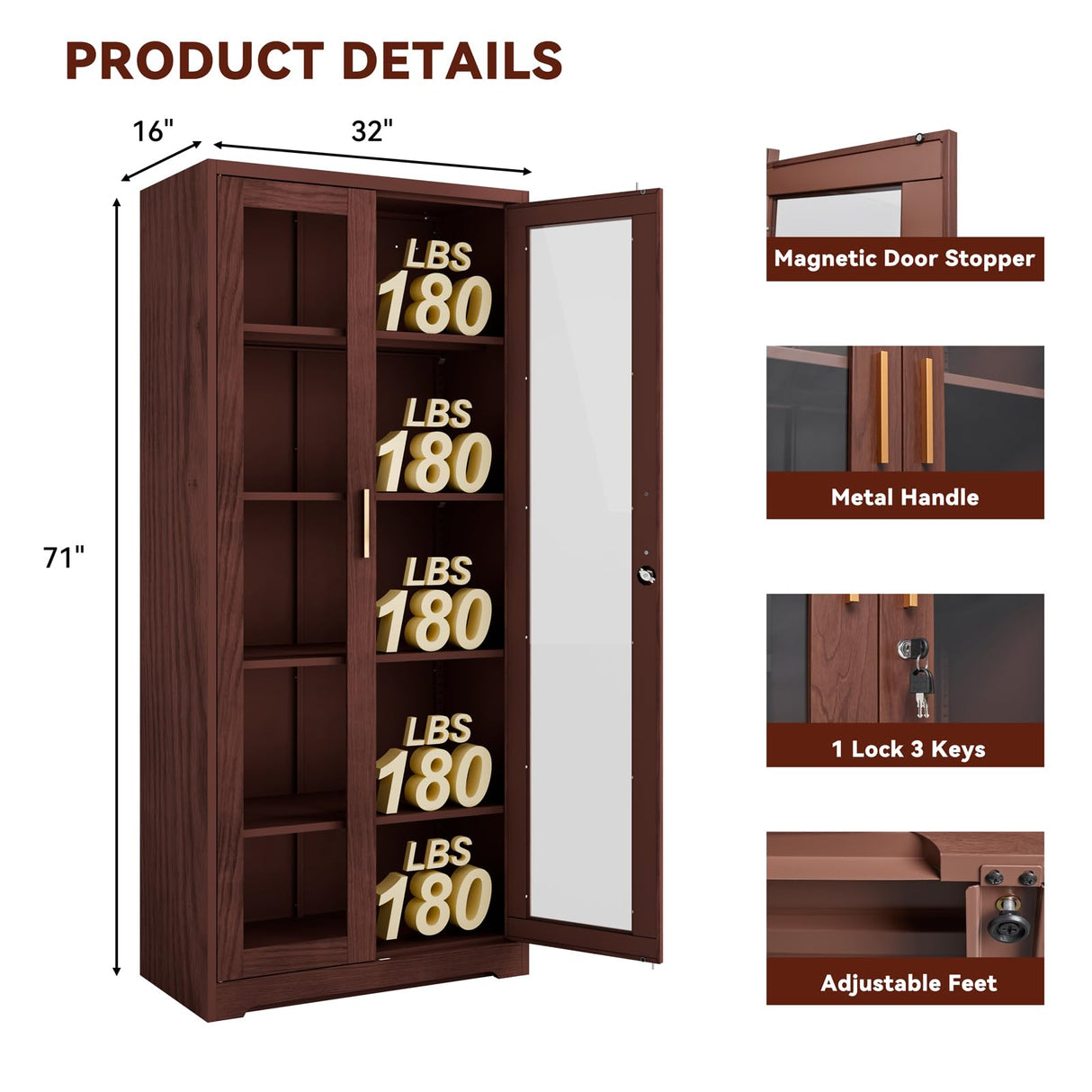 Kubohogar Display Cabinet with Glass Doors,71" Metal Curio Cabinets with 4 Adjustable Shelves, 5 Tier Display Case for Collectibles, Metal Storage Cabinet, Brown Kubohogar
