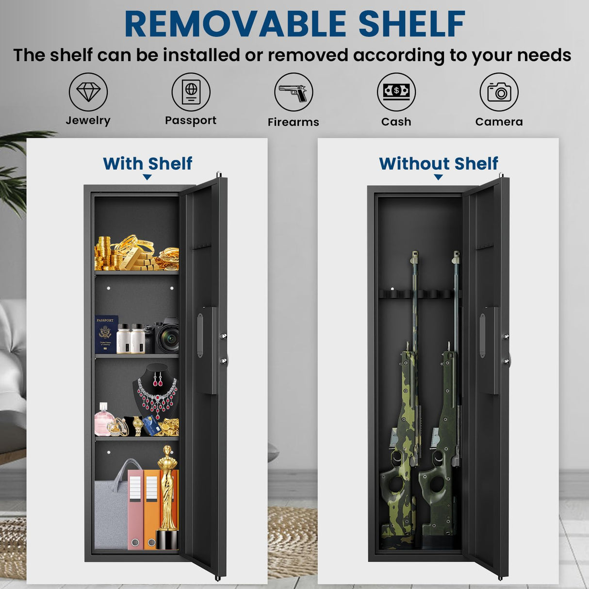 53.15" Tall Wall Safe Between the Studs 16" Centers, Hidden Wall Safes With Removable shelfs and Adjustable Gun Rack, Biometric Wall Gun Safe for Home Rifle, Cash, Jewelry, Documents - Black ZenithZest