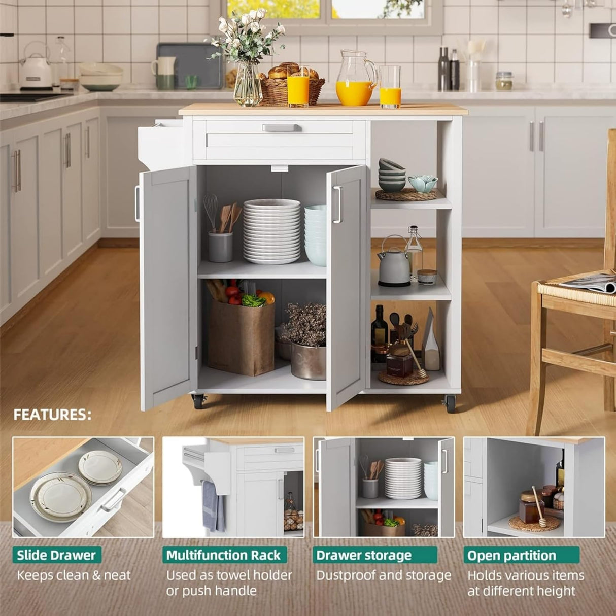 YITAHOME 37" Rolling Kitchen Island Cart with Storage, Butcher Block Island on Wheels, Mobile Kitchen Storage Carts with Shelves & Spice, White YITAHOME