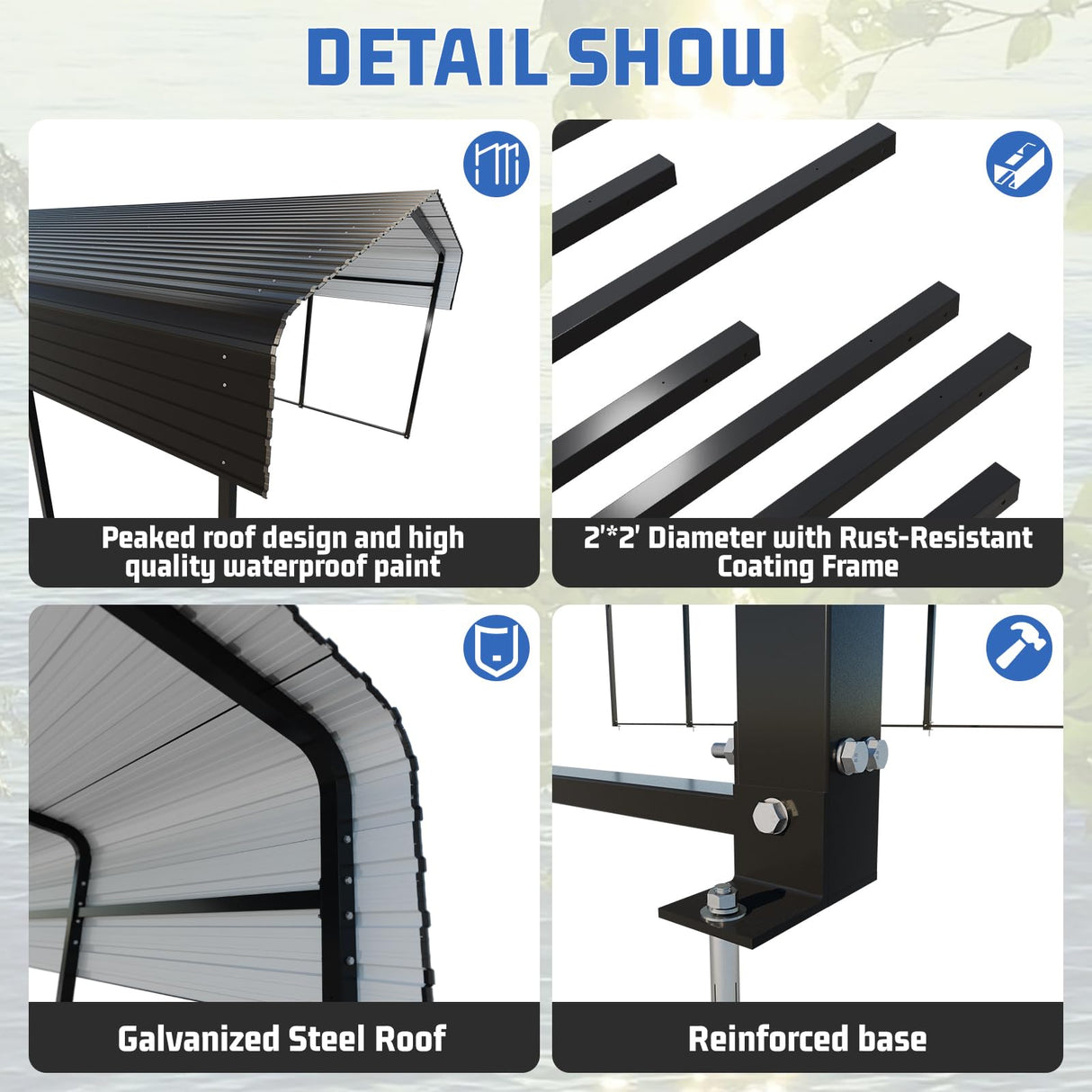 HEYTOWN Metal Carport 10 * 15 FT Heavy Duty Carport Canopy with Galvanized Steel Roof Multi-Use Shelter Outdoor Portable Garage for Car, Boat, Pickup and Tractor HEYTOWN