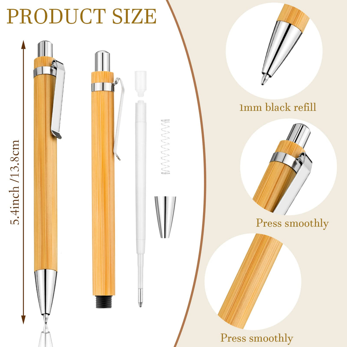 Leelosp Bamboo Pen Retractable Ballpoint Pen Black Ink 1 mm Sustainable Pens for Writing Office Products Wooden Bamboo Ballpoint Pen for Journal School Supplies Decorations (60 Pcs) Leelosp