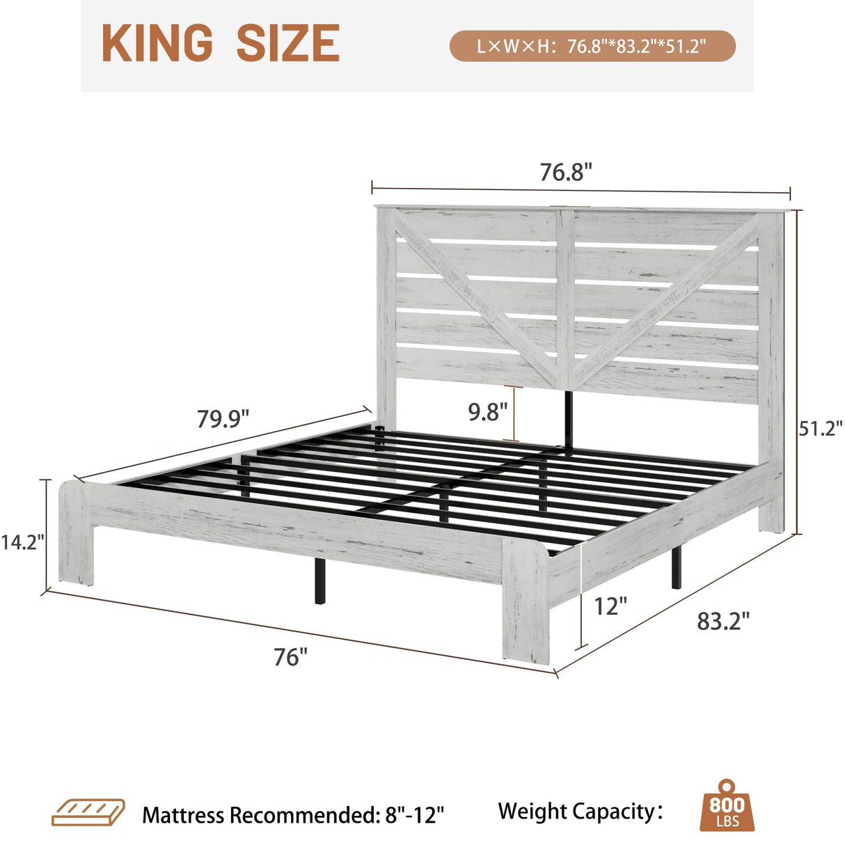 FSTAR King Size Wooden Farmhouse Bed Frame with Headboard, Boho Platform Bedframe with Charging Station & Led Lights, Heavy Duty Metal Slats, Noise Free, No Box Spring Needed, White FSTAR