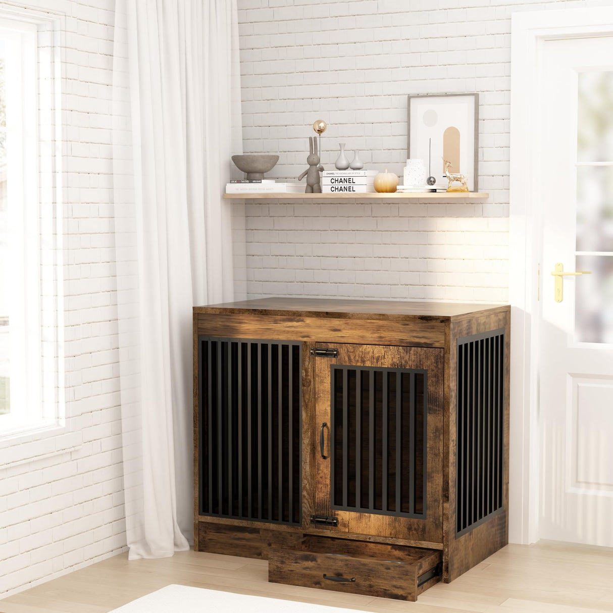 yookare Rustic Brown Heavy Duty Furniture Dog Crate, Wood and Metal Kennel Cage, Pet House End Table with Drawer and Pull-Out Design, Dog Home for Indoor use, Large Size yookare