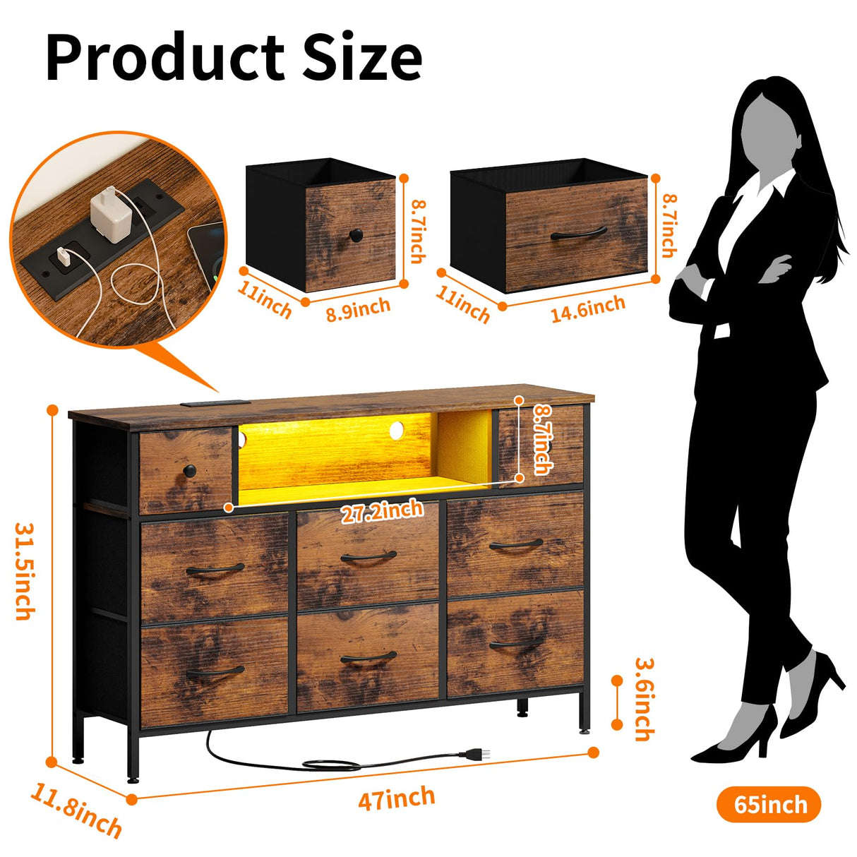 Fixwal Dresser for Bedroom with Power Outlets and LED Lights, Rustic Brown 55" TV Stand with 8 Drawers, Fabric Chest of Drawers with Wood Grain Finish for Entryway Fixwal