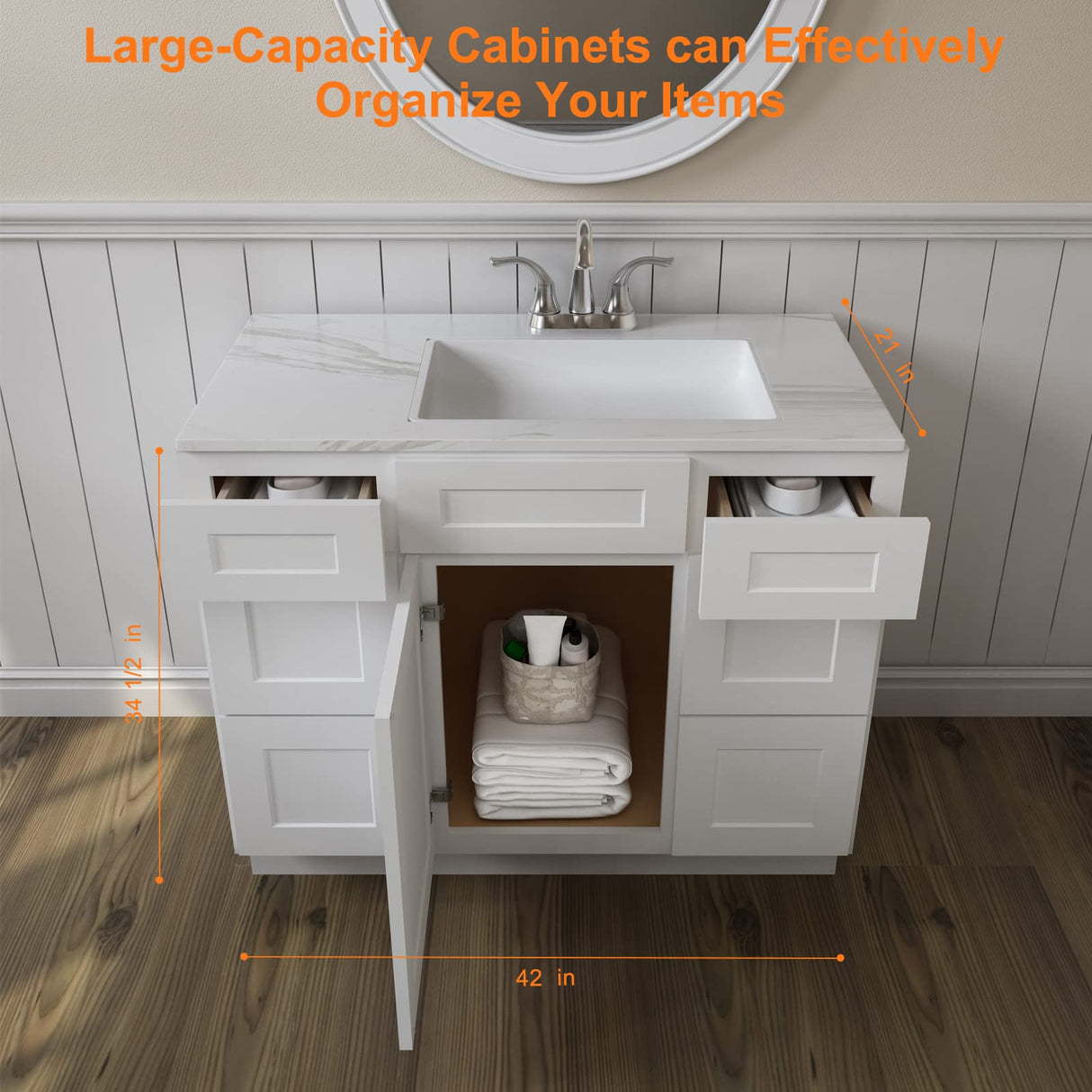 ROOMTEC 42'' Shaker White Free Standing Bathroom Vanity with 6 Drawers and Soft-Close Door ROOMTEC
