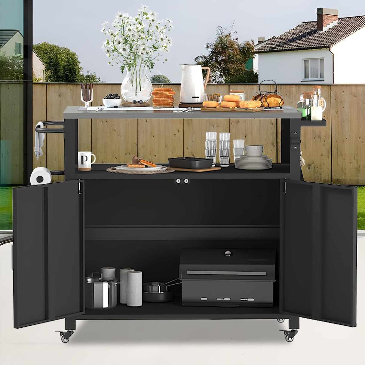 Outdoor Grill Table with Storage, Outdoor Grill Cart for BBQ, Patio, and Backyard, Outdoor Kitchen Island with Stainless Steel Top, 44.88 x 18.11 x 35.43 inch Samesay