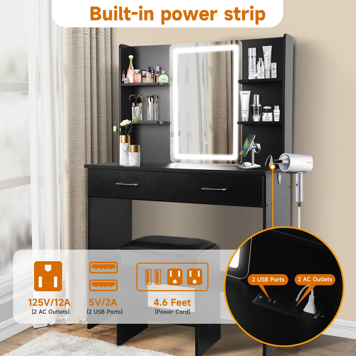 QUALIKRAFT Vanity Set with Mirror and Stool and Lights, Vanity Desk with Mirror & Power Outlet, Vanity Desk with Drawers, Black Vanity with Lighted Mirror, Dressing Table Set with 2 Large Drawers QUALIKRAFT