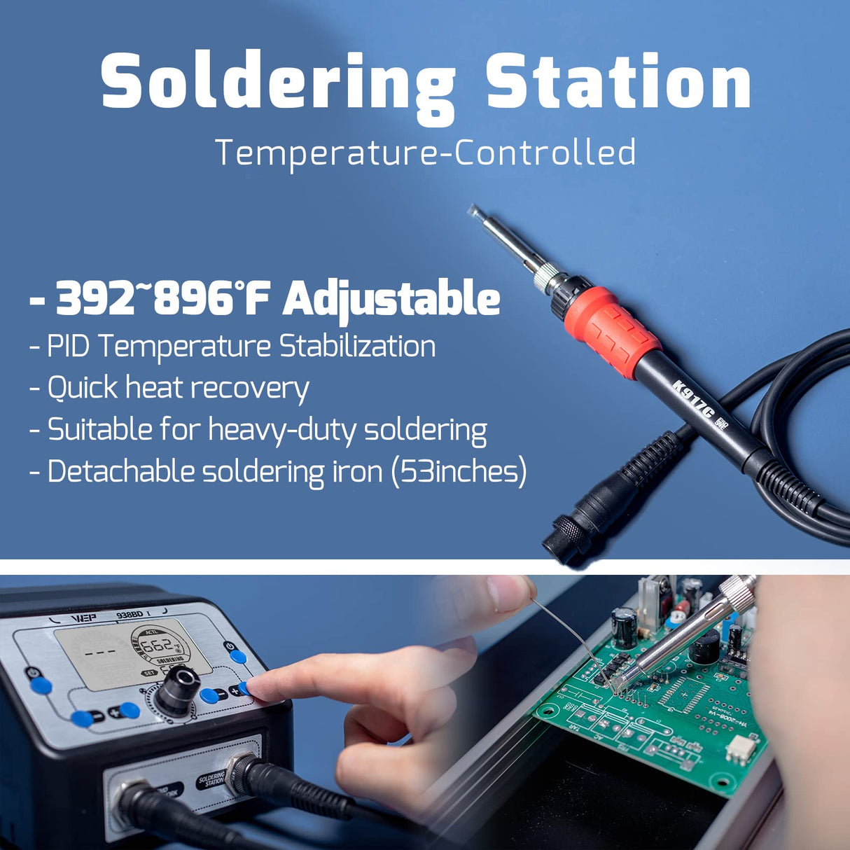 WEP 938BD-I Soldering Iron Station Hot Air Rework Station 2-IN-1 with LCD Display, PID Control, Hot Air Start/Stop, Sleep Mode, 3 Extra Nozzles, 5 Extra Soldering Tips, Solder Wire WEP