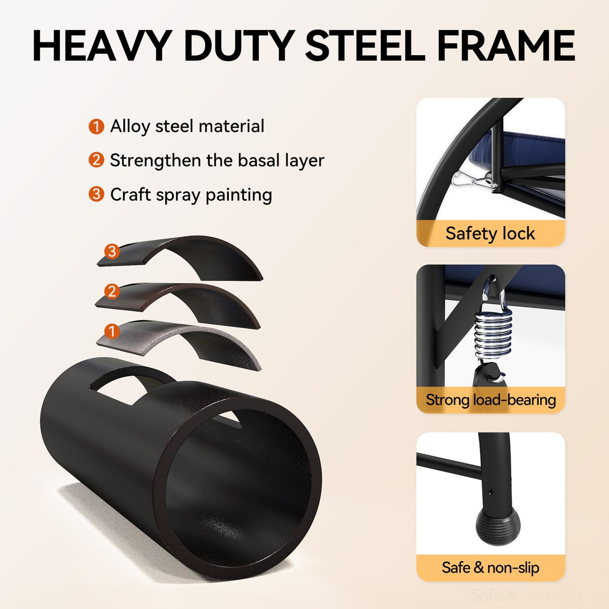 3-Seat Outdoor Patio Swing Chair with Adjustable Canopy Removable Cushion, Heavy Duty Porch Swing Glider for Patio, Backyard, Poolside, Balcony - Navy Blue FUNG YARD