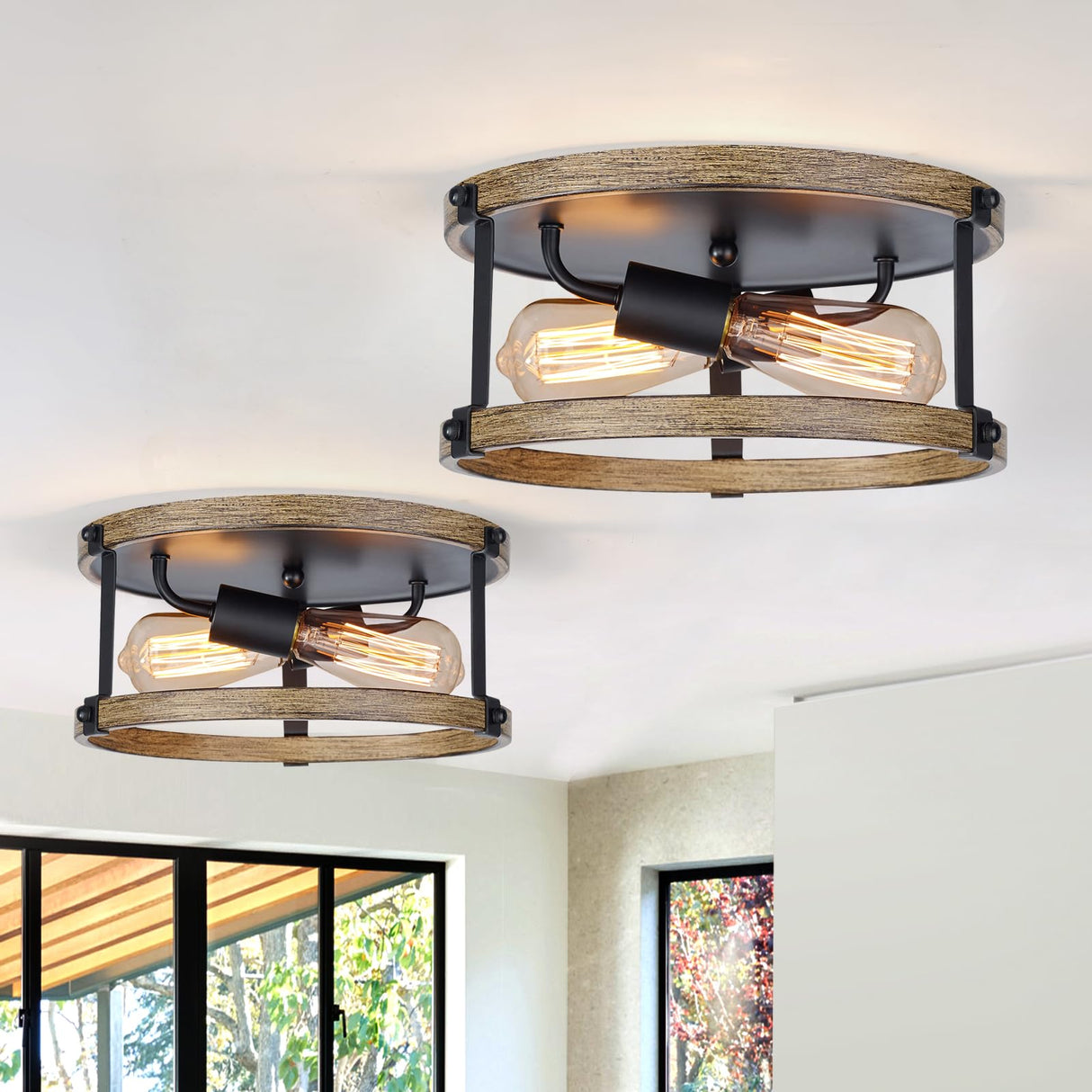 2 Pack Farmhouse Ceiling Light Fixture,E26 Base 2-Light Hallway Ceiling Light Fixtures,Black and Wood Flush Mount Ceiling Light for Kitchen Entryway Porch Etc Closet ZSANZYU