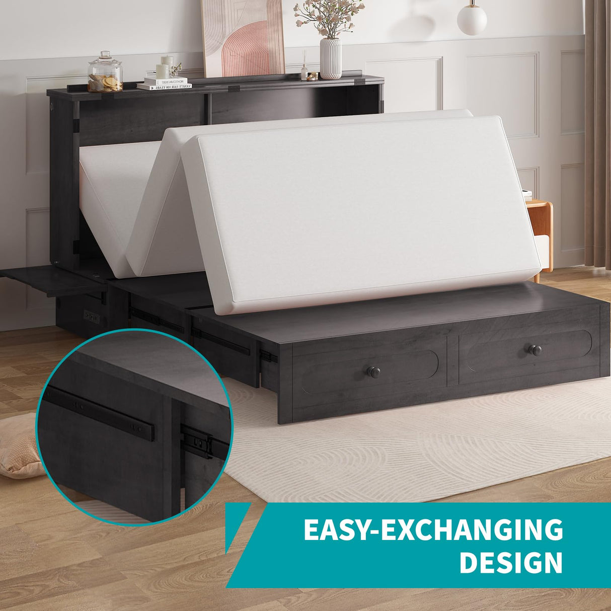 BALUS Murphy Cabinet Bed, Queen Size Cabinet Chest Bed with USB Charging Station, Tri-Fold Mattress, 2 Storage Drawers Modern Convertible Wooden Wall Beds for Apartment Bedroom - Dark Grey BALUS