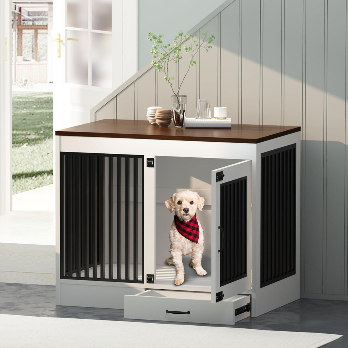 yookare White Heavy Duty Furniture Dog Crate, Wood and Metal Kennel Cage, Pet House End Table with Drawer and Pull-Out Design, Dog Home for Indoor use, Large Size yookare