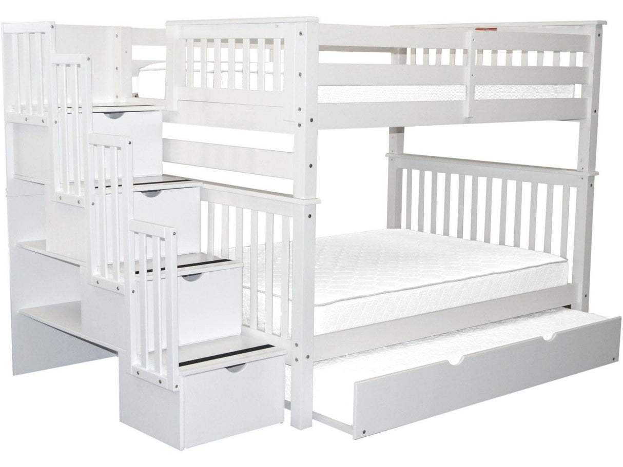Bedz King Stairway Bunk Beds Full over Full with 4 Drawers in the Steps and a Full Trundle, White Bedz King