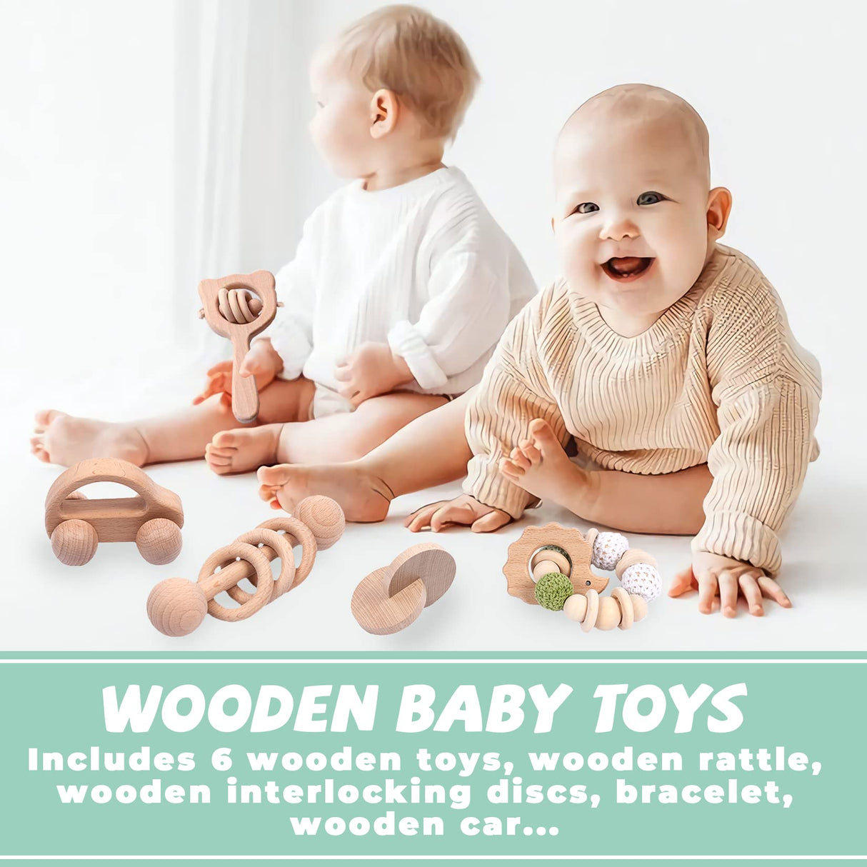 6 Pieces Toy Set- Wooden Baby Toys for Babies 0-6 Months,Wooden Toys for Babies Rattles with Bells,Wooden Rattles Push Car,Wood Teething Toys Gifts for Boys Girls,Montessori Toys for Babies 0-6 Months YunHe XinQiao Toys Factory