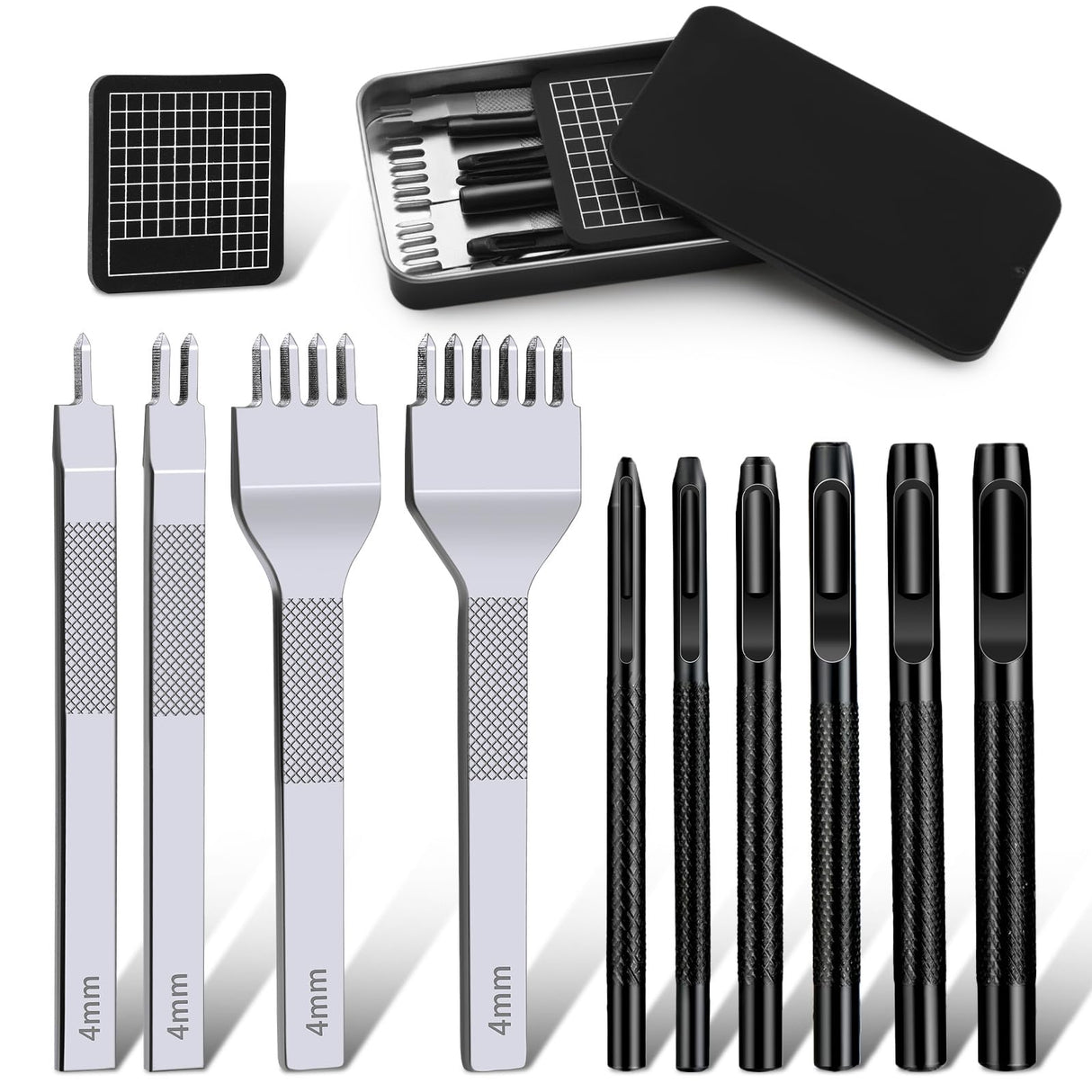 Leather Stitching Punch Leather Hole Punch Tool Set, 4mm 1/2/4/6 Prong Punch Leather Chisel, Round Leather Hole Punch for Leather Belt, Watch Band, Leather Strap DIY Leather Crafts MORFEN