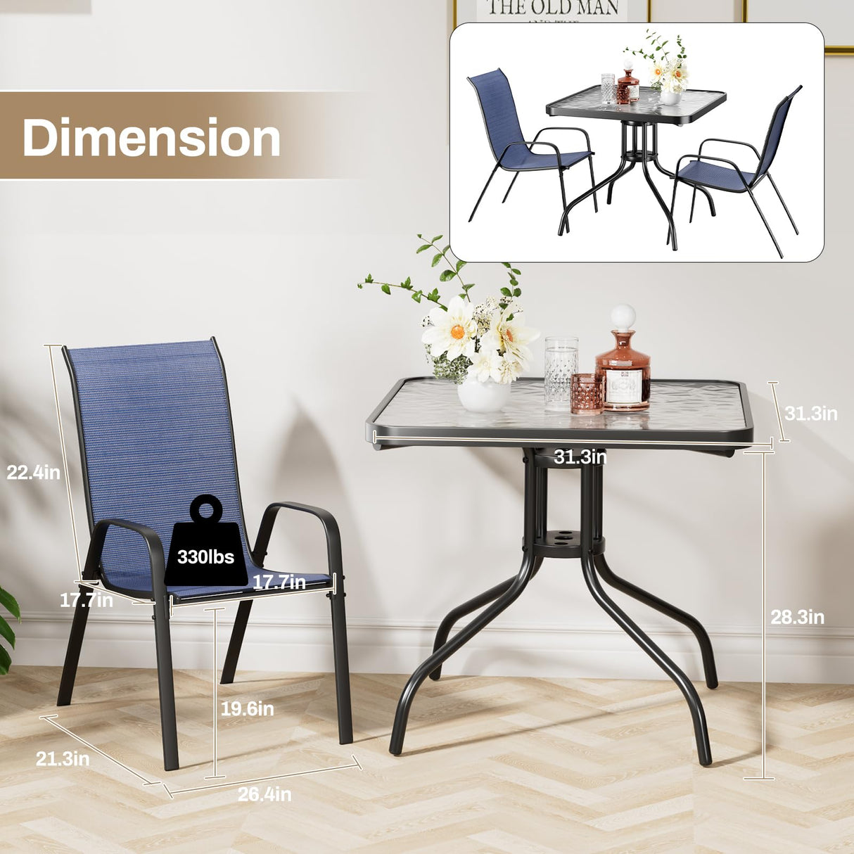 TLSUNNY Patio Dining Set 5 Pieces, All Weather Outdoor Furniture W/30"X 30" Table and 4 Stackable Textilene Chairs, Metal Table and Chairs for Lawn, Garden, Poolside, Backyard (Umbrella not Included) TLSUNNY