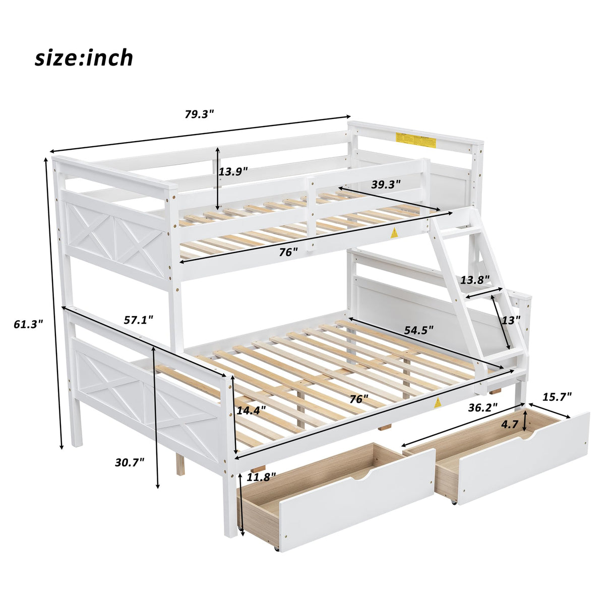 Merax Twin Over Full Bunk Bed with 2 Storage Drawers,Solid Wood Bunk Bed with Ladder and Safety Guardrail for Bedroom Kids Adults, Can be Separated into 2 Beds,White Merax