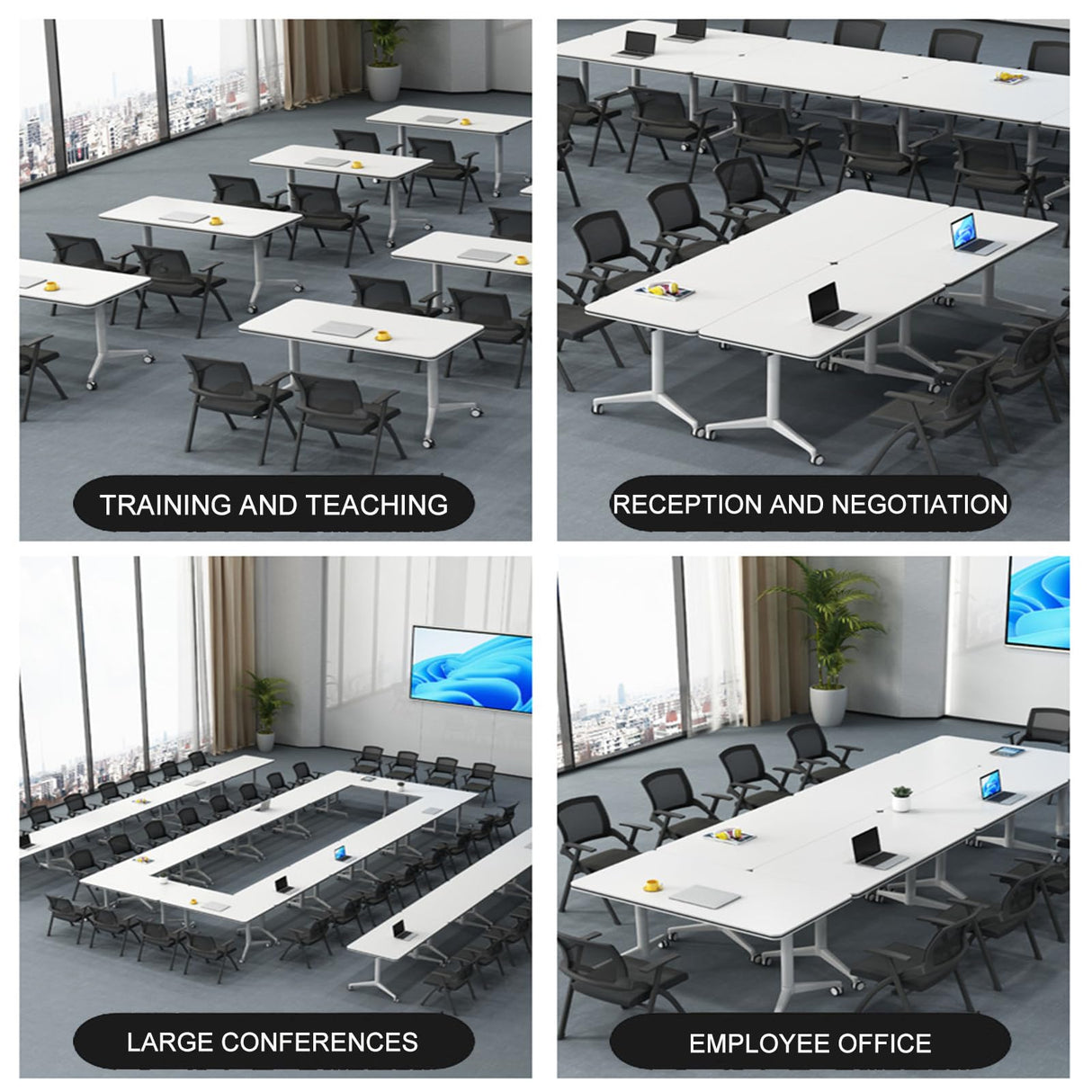 conference table,modern white office folding Flip Top Mobile Training Table 55"D x 21.6"W x 29.5"H The rounded table with wheels is convenient and fast,suitable for office,meeting room,classr ( 4Pcs) Ptosziav