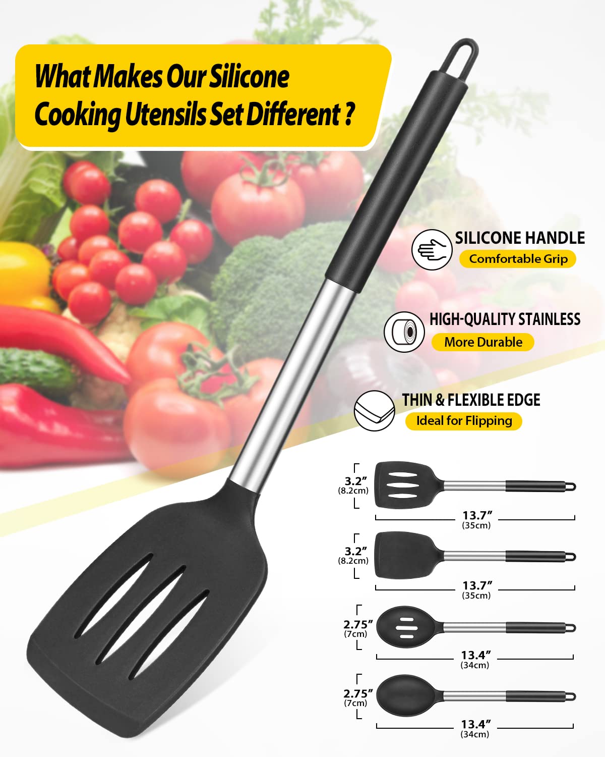 Pack of 4 Silicone Cooking Utensils Set, Non Stick Large Solid Spatulas, Heat Resistant Black Slotted Spoons, Ideal BPA Free Kitchen Turners for Frying, Mixing,Serving,Draining,Turning,Stirring BUNDLEPRO