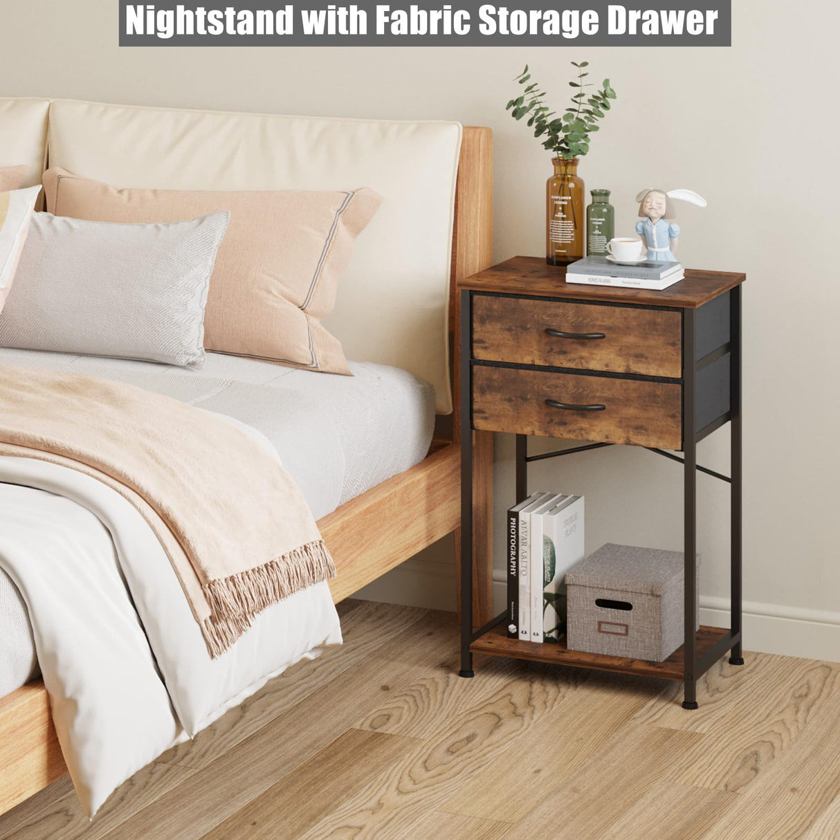 VonDream Nightstands Set of 2, End Table with Fabric Storage Drawer and Open Wood Shelf, Bedside Furniture with Steel Frame, Side Table for Bedroom, VonDream