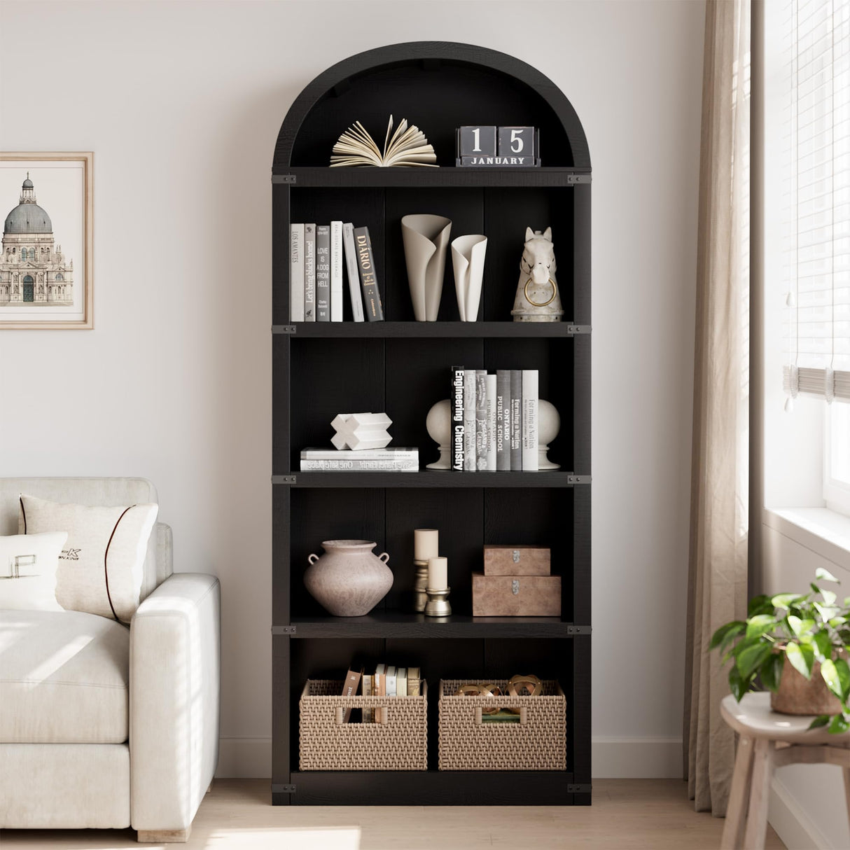 GarveeHome Bookcase 5 Shelf Arched Bookshelf 71.65 in Tall Bookcase Farmhouse Display Storage Rack Wooden Bookshelves for Home Office, Living Room GarveeHome