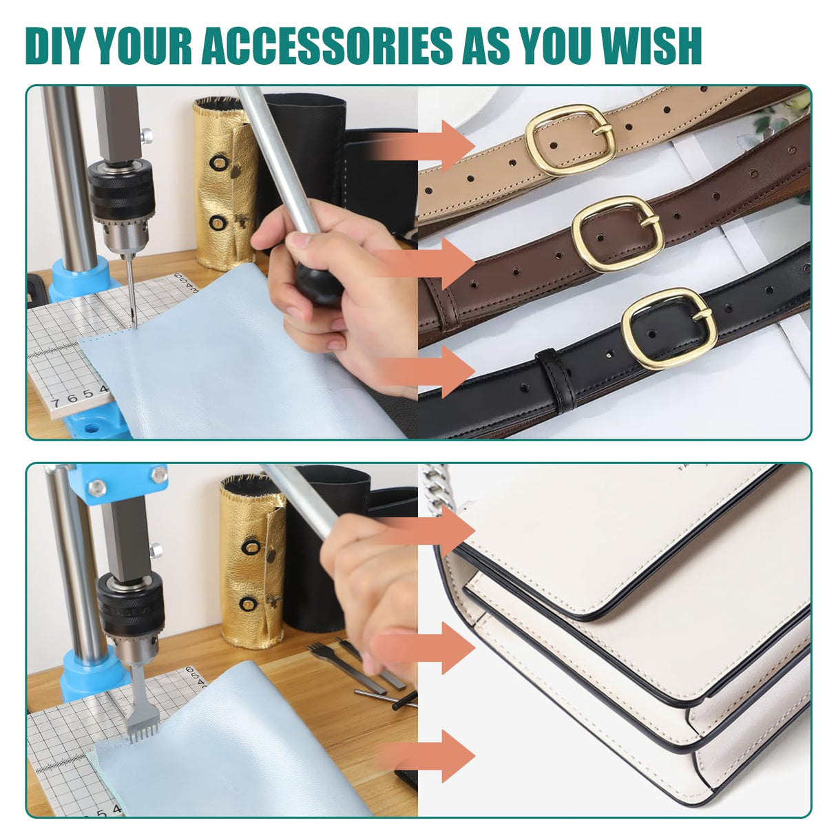 FASTTOBUY Leather Hole Puncher Hand Punching Machine Manual Press Puncher Punch Tools for DIY Leather Craft Punching Holes and Forming Pressing(with Chuck, PP Plate,Aluminum Plate) FASTTOBUY