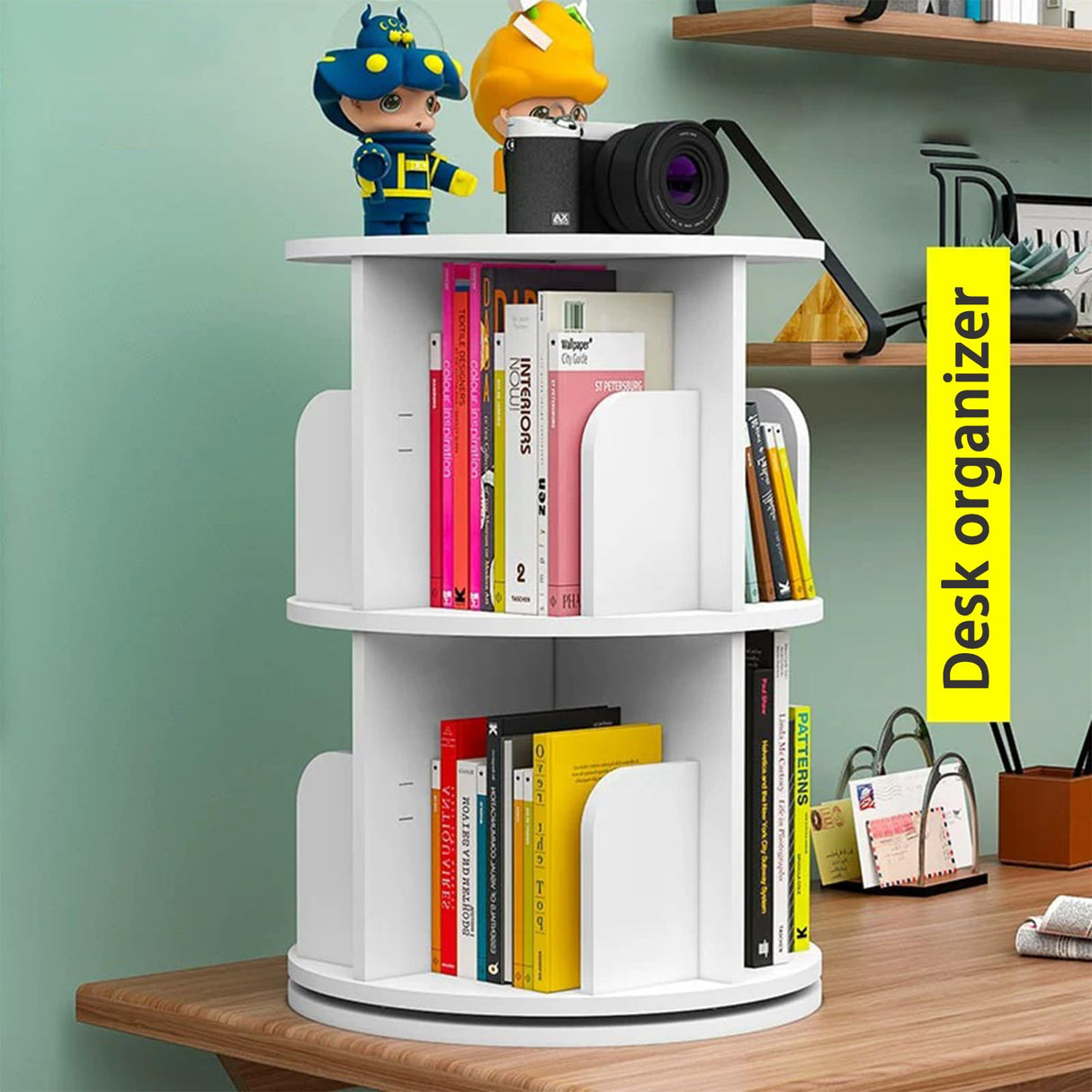 HOLMZCED 360° Rotating 2-Tier White Bookshelf - Versatile Free-Standing Storage Rack for Study, Bedroom, and Living Room HOLMZCED