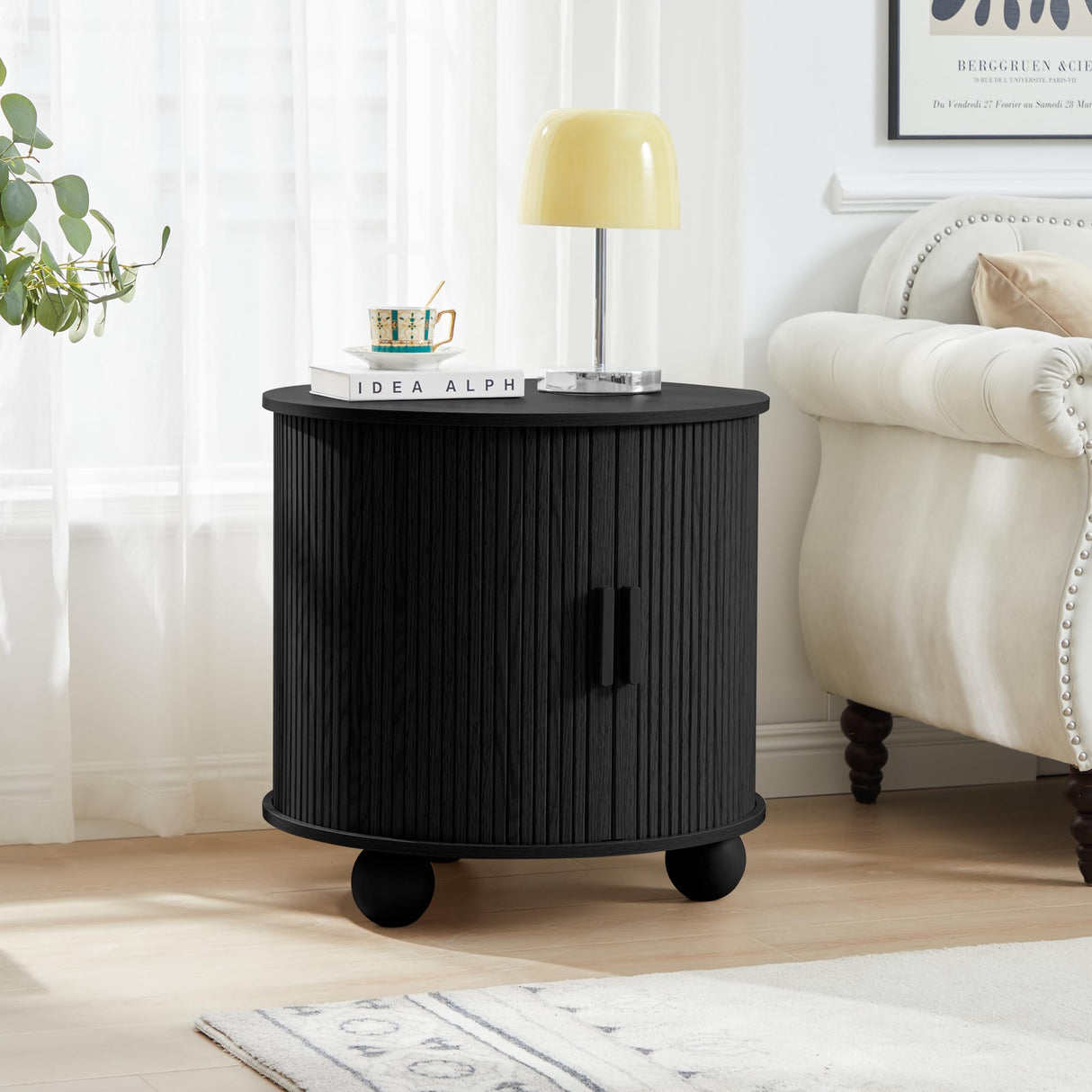 RUSTYER Farmhouse Round End Table with Charging Station, 24" Large Fluted Sofa Side Table with Sliding Tambour Door & Storage, Mid-Century Wood Nightstand for Living Room, Bedroom (Black) RUSTYER