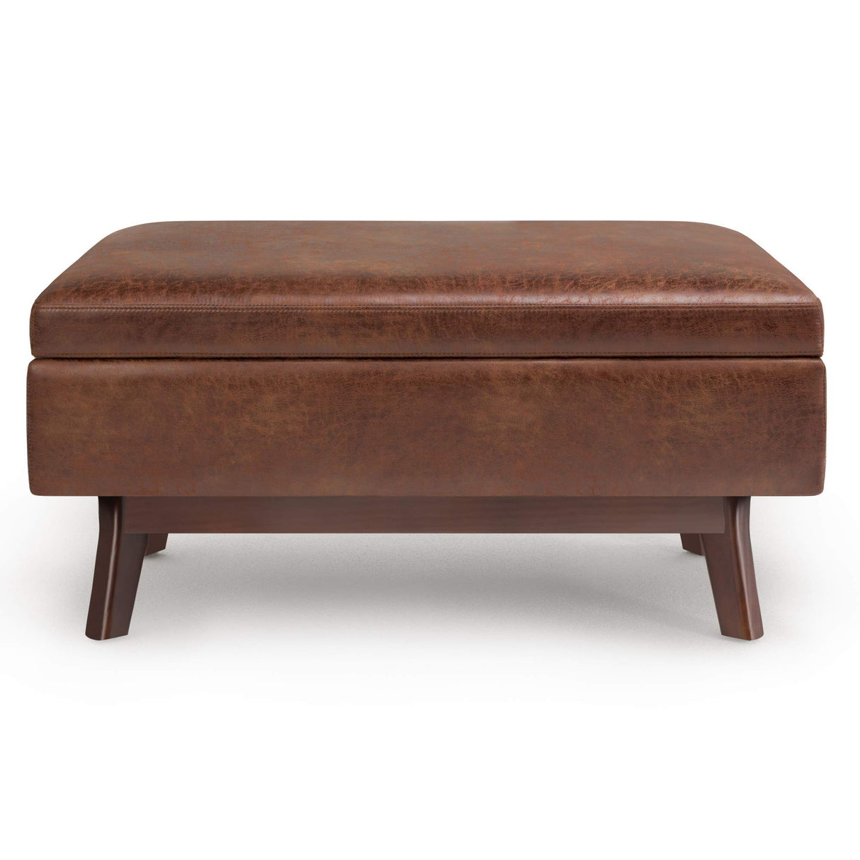 SIMPLIHOME Owen 36 inch Wide Mid Century Modern Rectangle Small Rectangular Storage Ottoman in Distressed Saddle Brown Vegan Faux Leather, Assembled, for the Living Room, Entryway and Family Room SIMPLIHOME