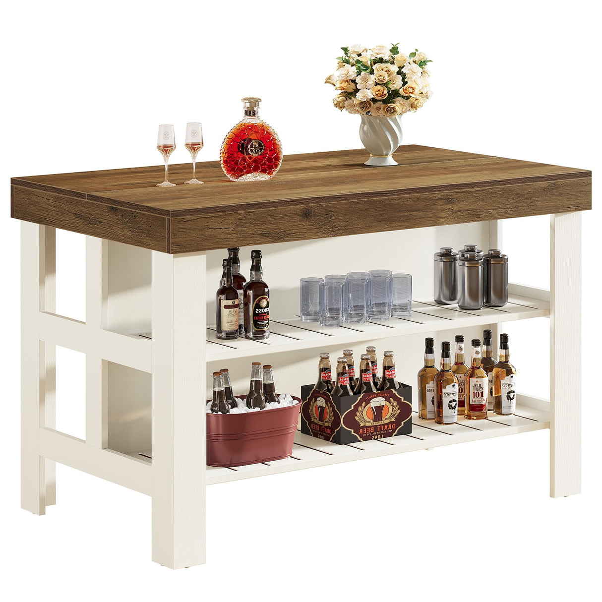 Tribesigns Home Bar Table Unit with Storage Shelves, 55.1-Inch Farmhouse Counter Height Bar Cabinet for Kitchen Dining Room Tribesigns