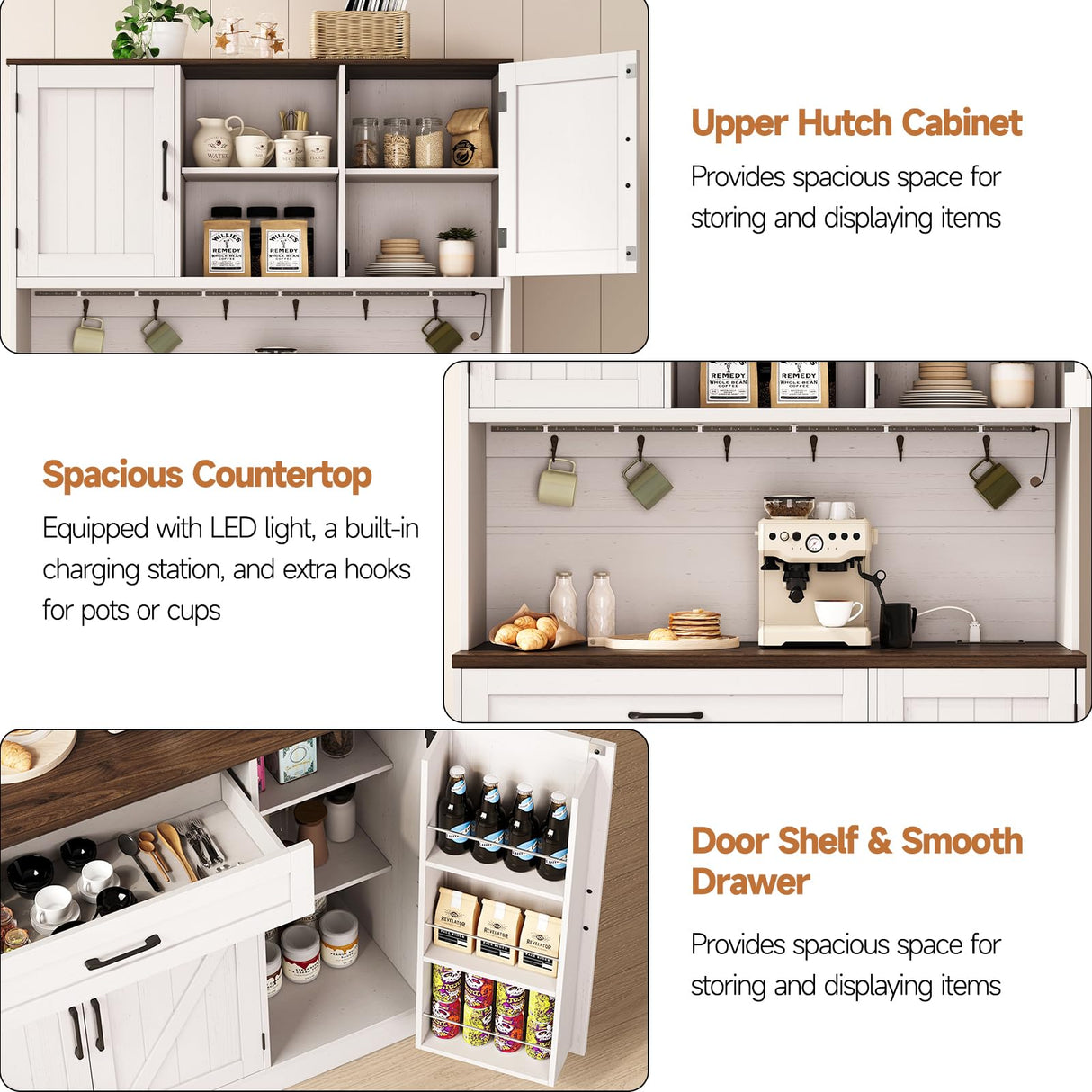 ONBRILL 71" Pantry Cabinet, Kitchen Pantry Storage Cabinet with LED Light & Outlet, Kitchen Hutch with Microwave Shelf & 6 Hook, Door Shelf & Drawer & Adjustable Shelf, Dining Room, Off White+Walnut ONBRILL