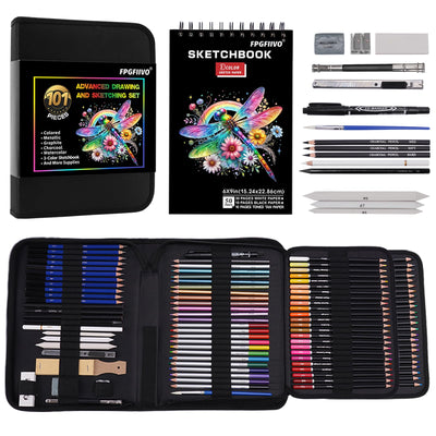 FPGFIIVO 101 Pieces Colored Pencils Set Pro Art Supplies and Sketching Kit, with Sketchbook, Professional Vibrant Artists Coloring Pencils, Advanced Drawing Set for Artists Adults Teens Beginner