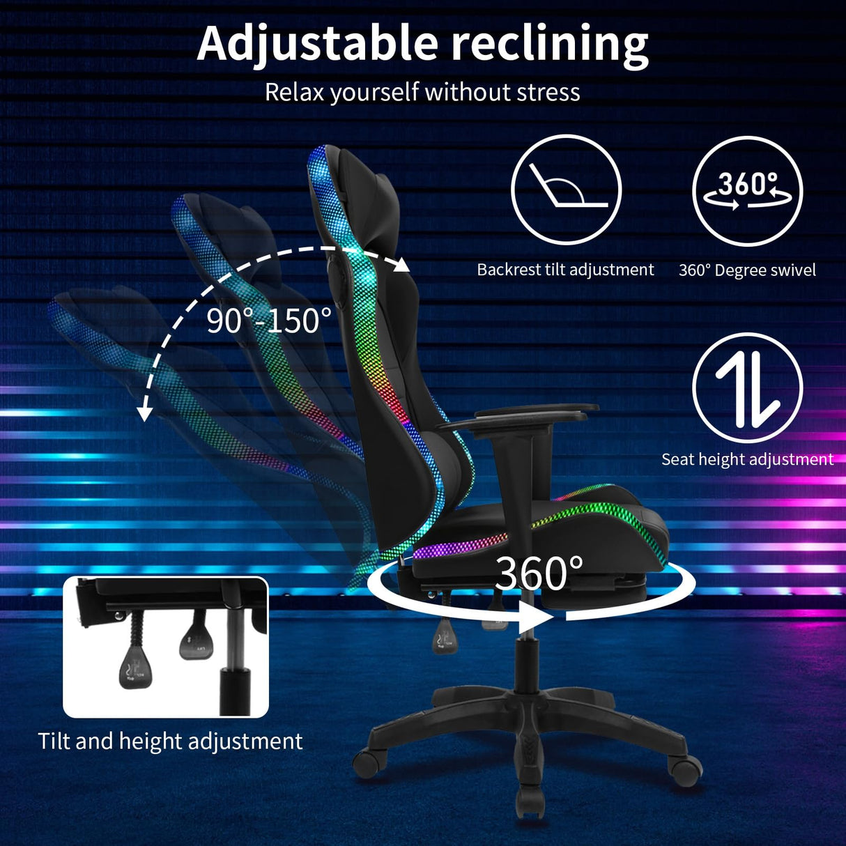 gihusrzx Gaming Chair with Two Bluetooth-Compatible Speakers, Office Executive Chair with Retractable Footrest, Multiple RGB LED Light Modes 360 Degree Rotation Game Chair, 350lbs Load Red gihusrzx