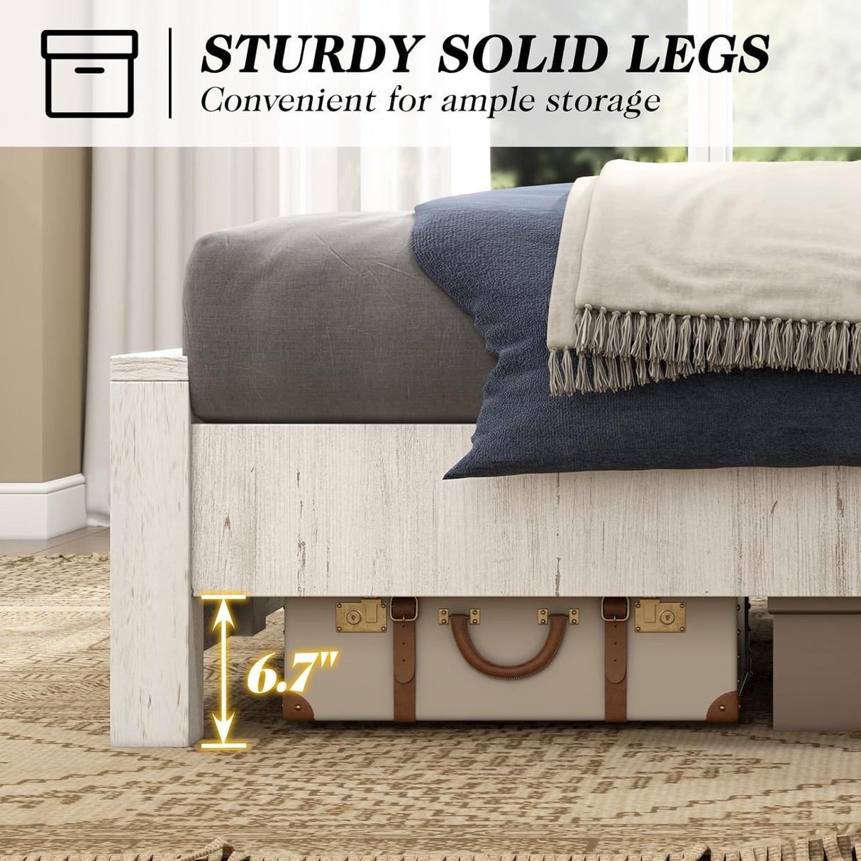 YUMPIE 51.2" H Wood Bed Frame with Headboard, King Platform Bed Frame with Wooden Slat Support, No Box Spring Needed/Easy Assembly, Rustic Pine, Distressed White YUMPIE