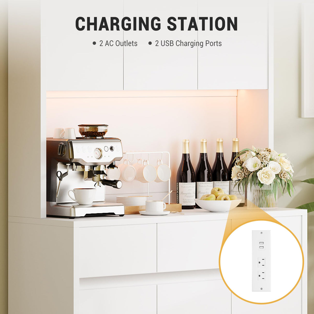 IDEALHOUSE Kitchen Pantry Storage Cabinet with Charging Station,70" Tall Farmhouse Kitchen Hutch Cabinet with Microwave Stand,Pantry with Drawers,Shelves for Living Room, Dining Room,White IDEALHOUSE