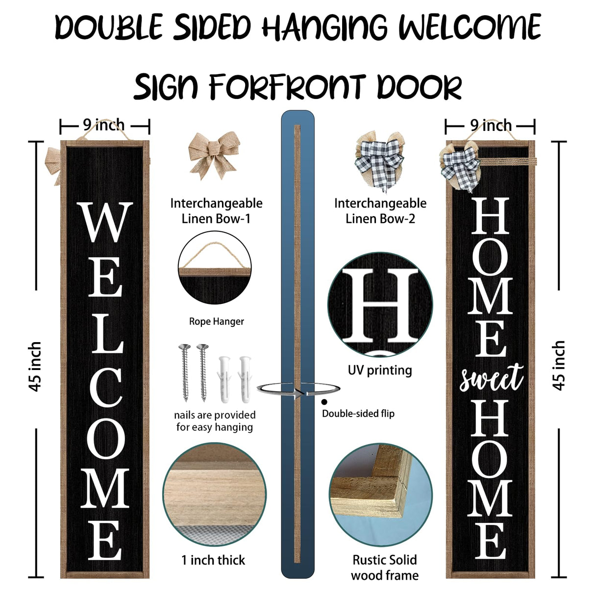 Outdoor Welcome Sign for Front Porch Standing Large 2 Sided 45"X9" Wooden Frame Tall Vertical Leaner Long Home Sweet Home Front Door Sign for Rustic Outside Farmhouse Modern Decor (Wood Black) Surfapans