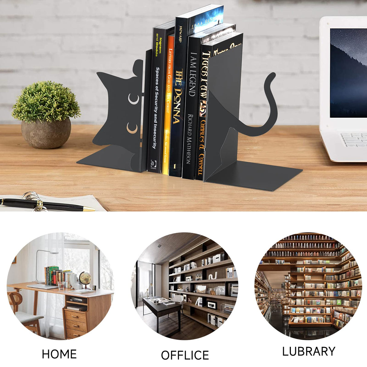 ENCIMART Book Ends Cat Decor Unique Bookshelf, Cute Metal Bookends for Shelves, Black Bookends to Hold Books for Bedroom Library Office School Book Desktop Organizer Cat Lover Gifts ENCIMART