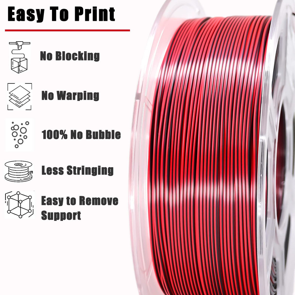 LOCYFENS PLA Filament 1.75mm, Silk PLA 3D Printer Filament, Dual Color Filament Black Red 2 in 1 Coextrusion 1.75 PLA Filament +/-0.02mm, 1kg/2.2lb LOCYFENS