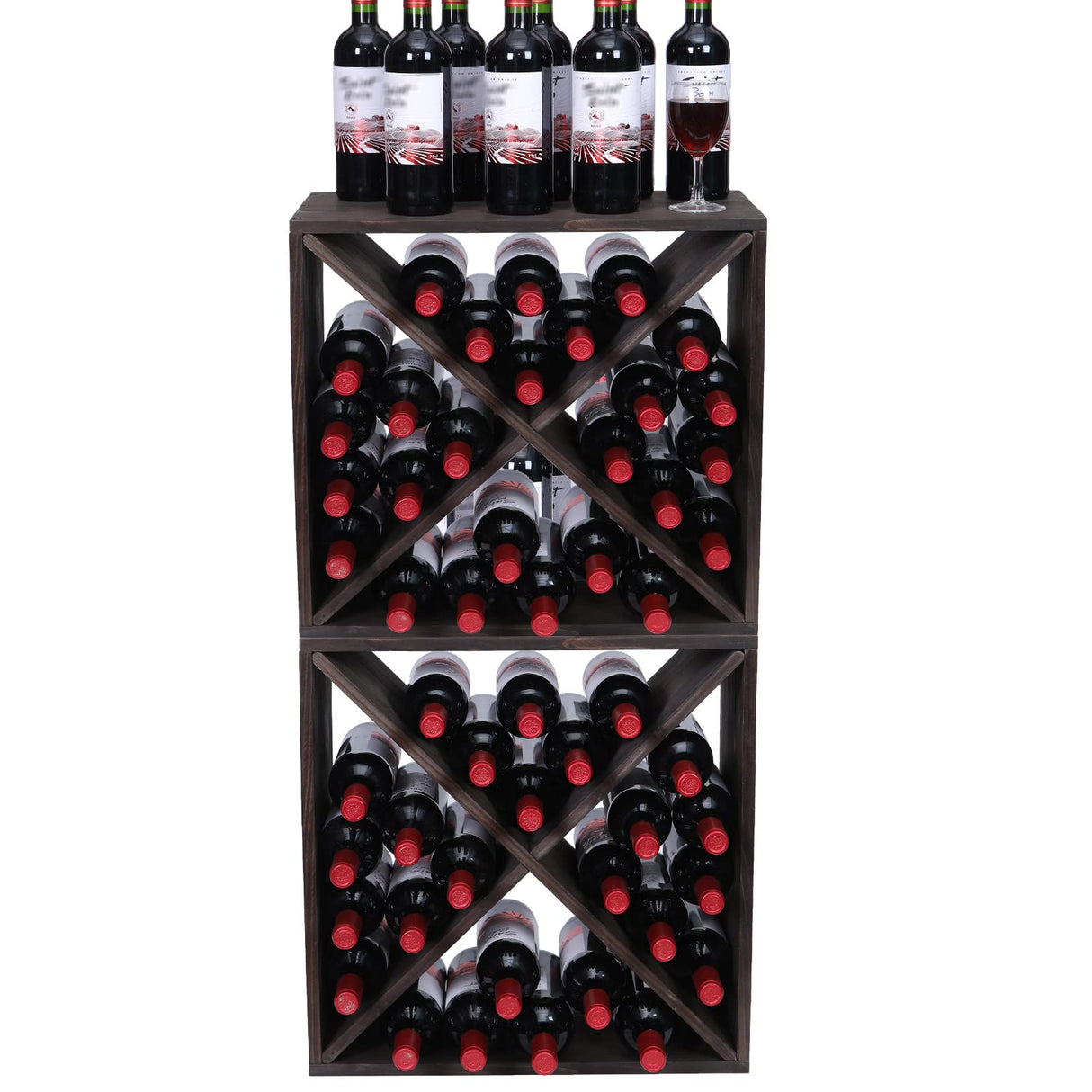 FDHUIJIA Wine Racks countertop Solid Wood Stackable Storage Rustic Retro Cube 48-Bottle Wooden Wine Rack Wine Cabinet(48BottleBlack) FDHUIJIA