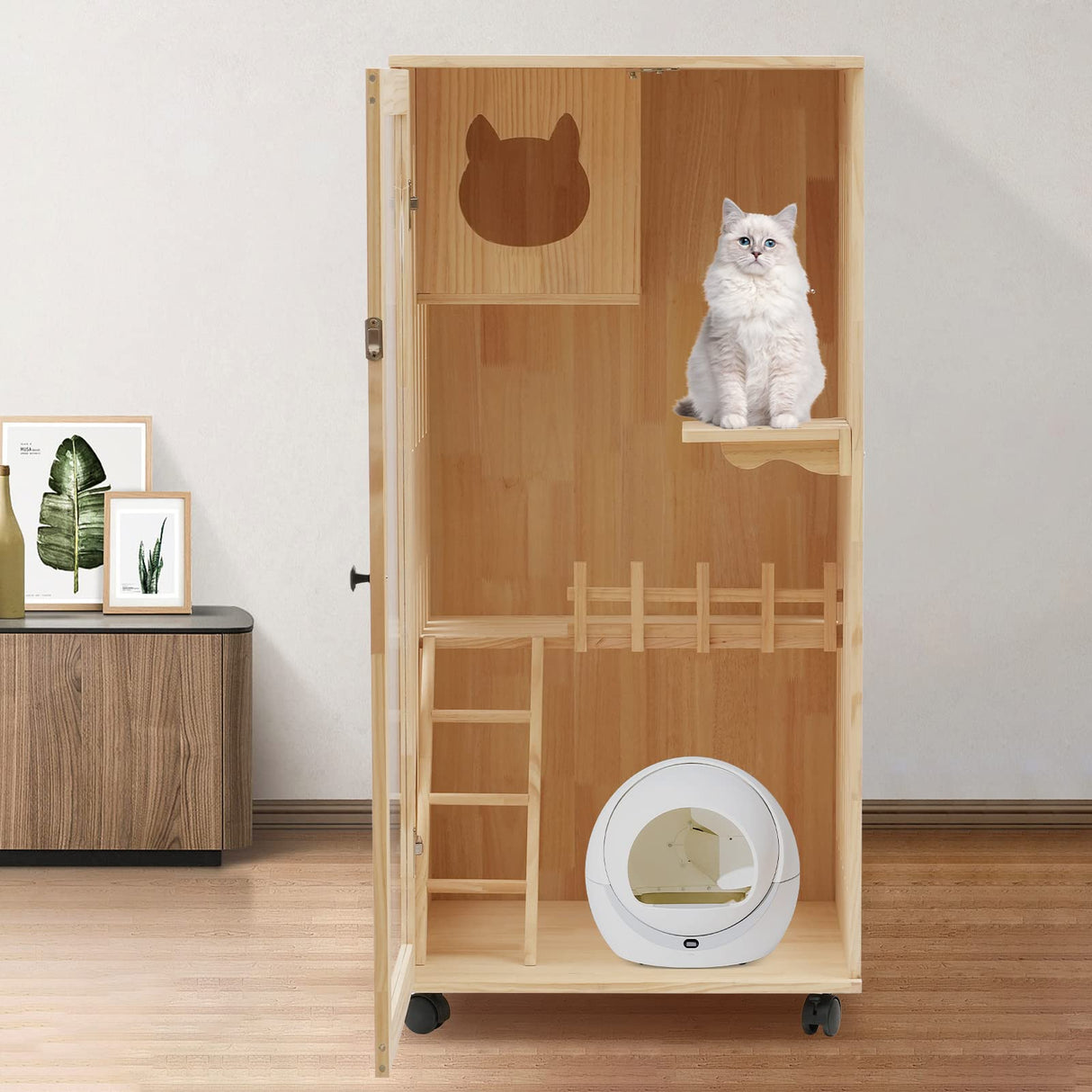 Wooden Cat House, Large Cat Condo for Indoor and Outdoor Cats, Luxury Multi-Feature Cat Condo with Cat Scratching Posts, Cat Villa on Wheels, Catio Cat Enclosure for Cats and Breeds QIUTMER