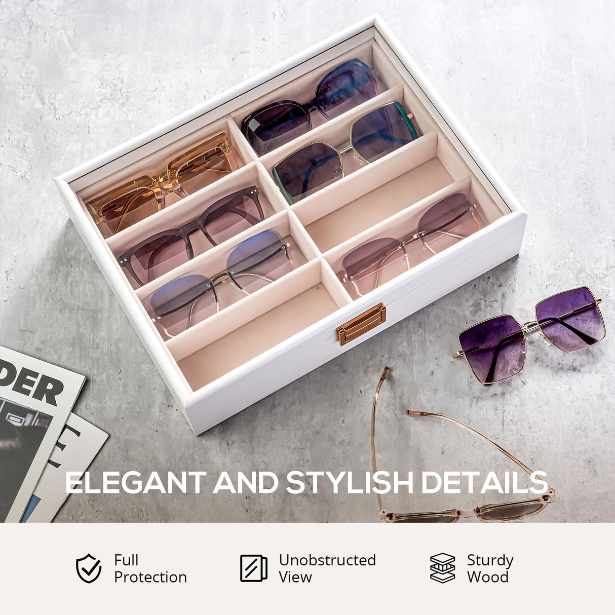 ProCase Wooden Sunglasses Organizer Trays for Men Women, Narrow Frame Glass Display Case Multiple Eyewear Eyeglass Holder Storage Box -White ProCase