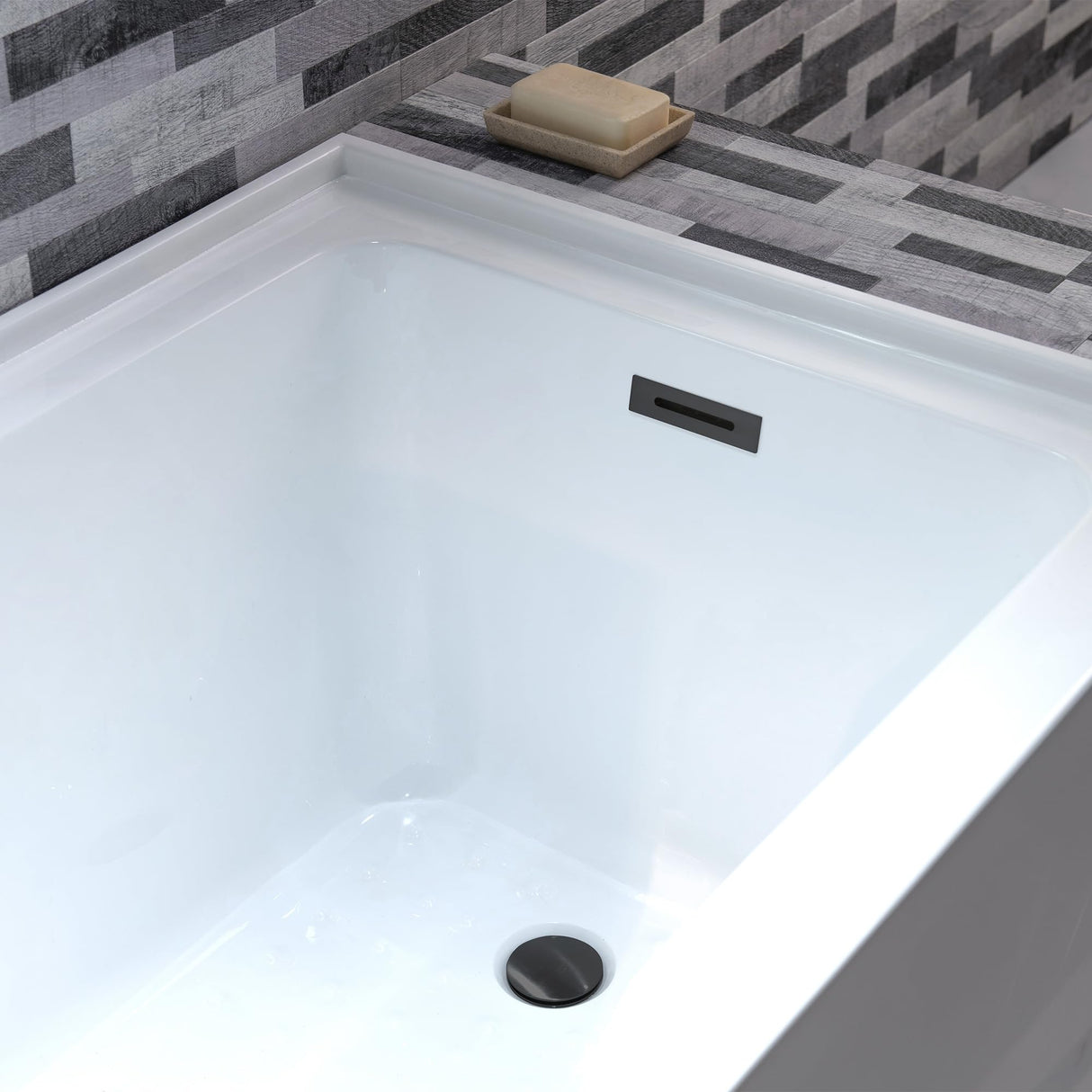 WOODBRIDGE 60" Acrylic Rectangular Alcove Soaking Bathtub in White with Right Drain, Matte Black Pop-Up Drain Included BA6030R WOODBRIDGE