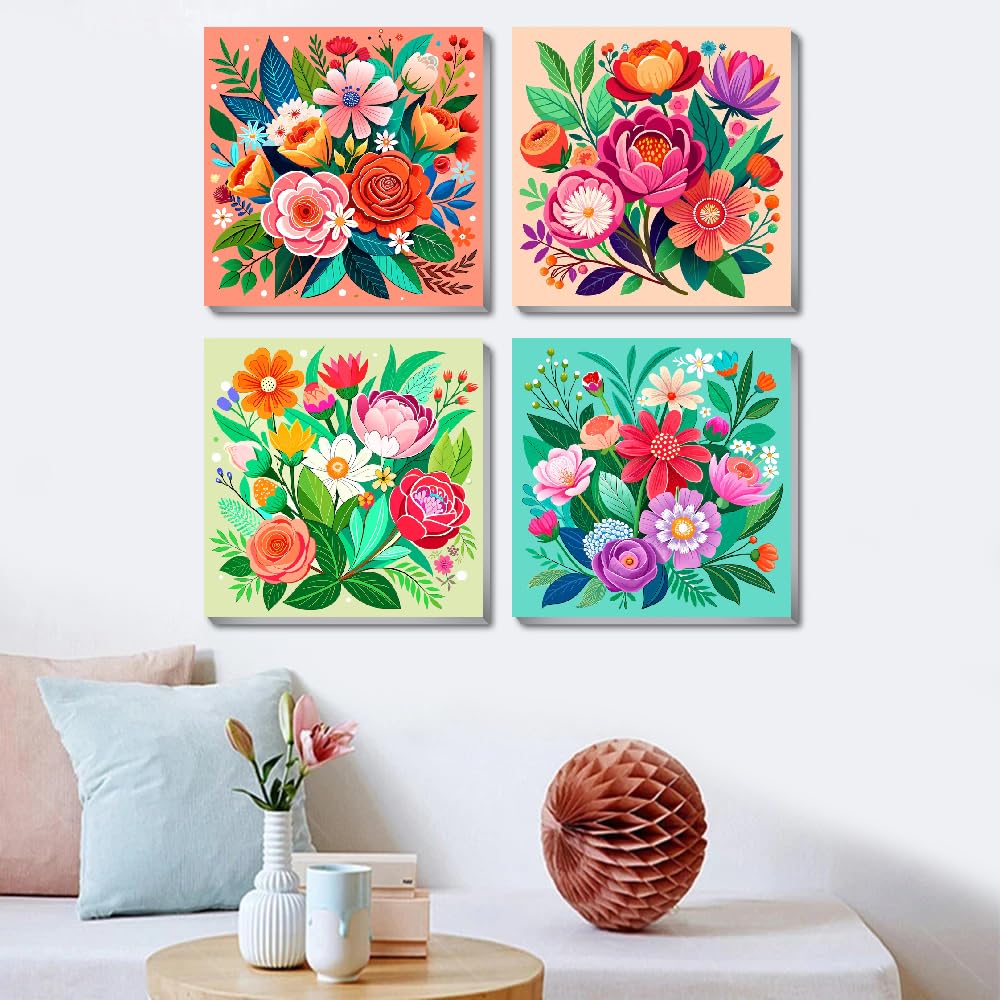 4 Pack Flowers Paint by Numbers Kit for Adults Beginners Framed - DIY Flowers Adults Paint by Numbers Kits on Canvas with Frame, Small Easy Acrylic Oil Painting Perfect for Home Decor 8 X 8 Inch Amzdiyfun